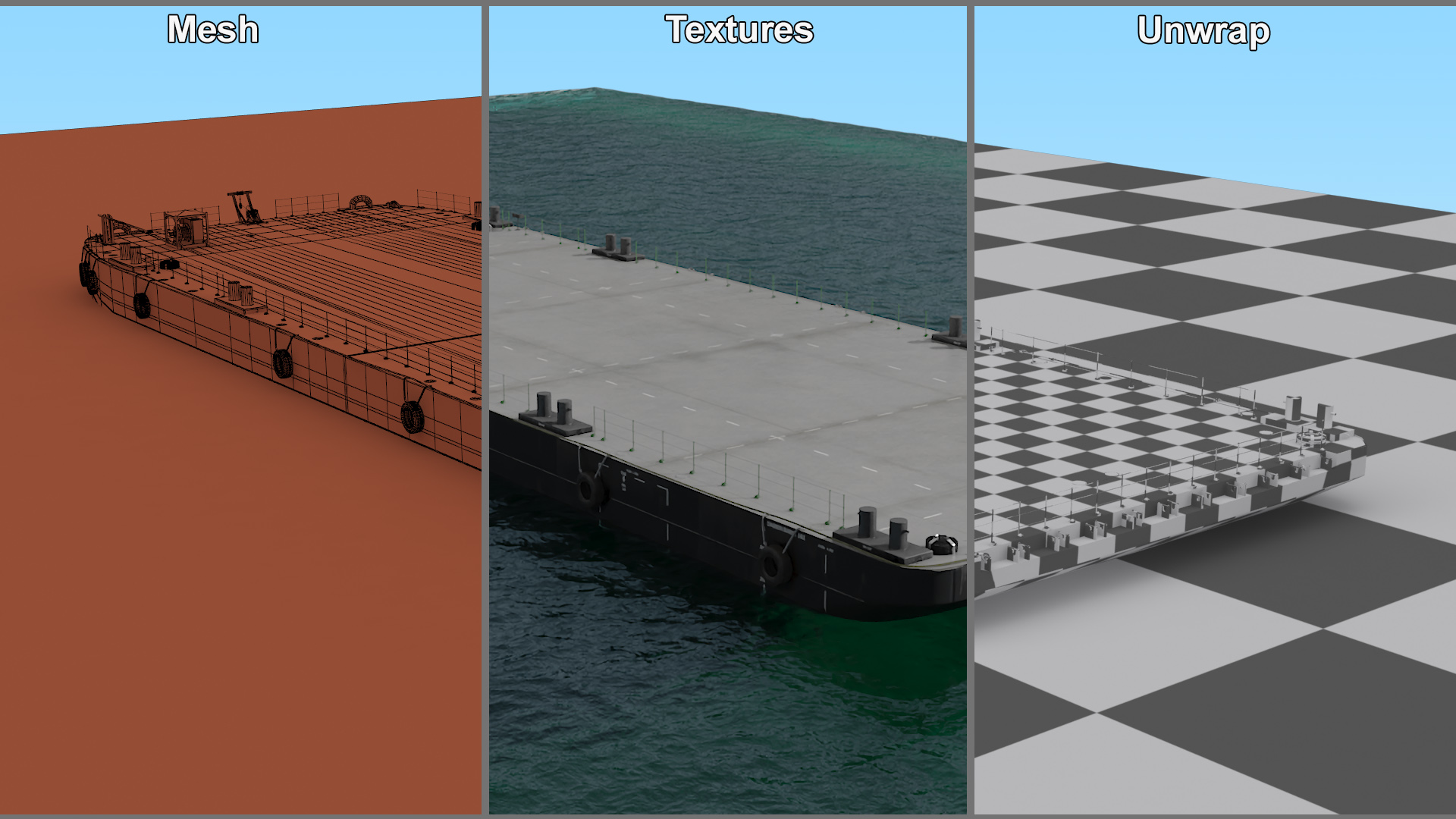 3D model Industrial Flat Deck Barge on Water