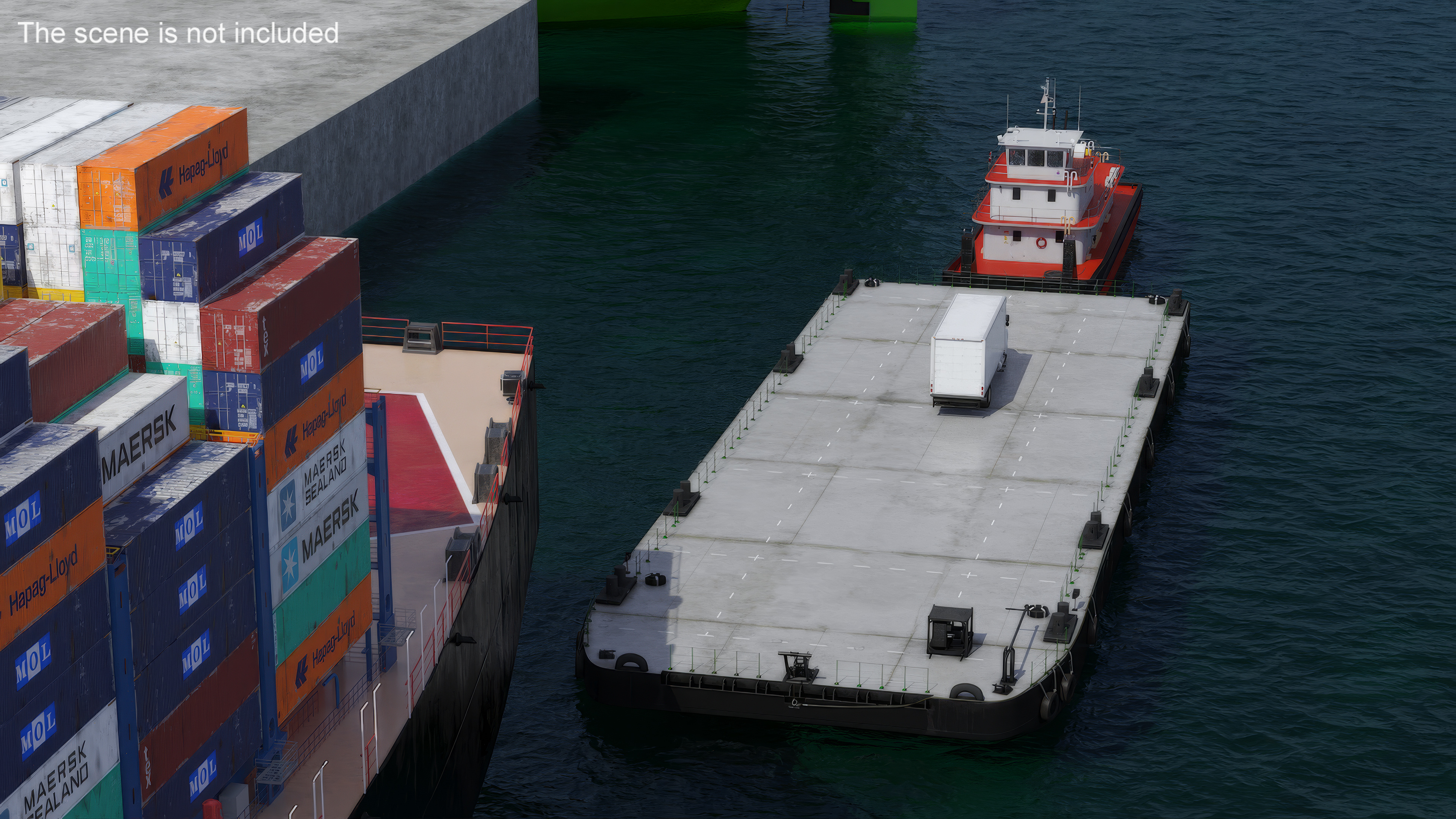 3D model Industrial Flat Deck Barge on Water
