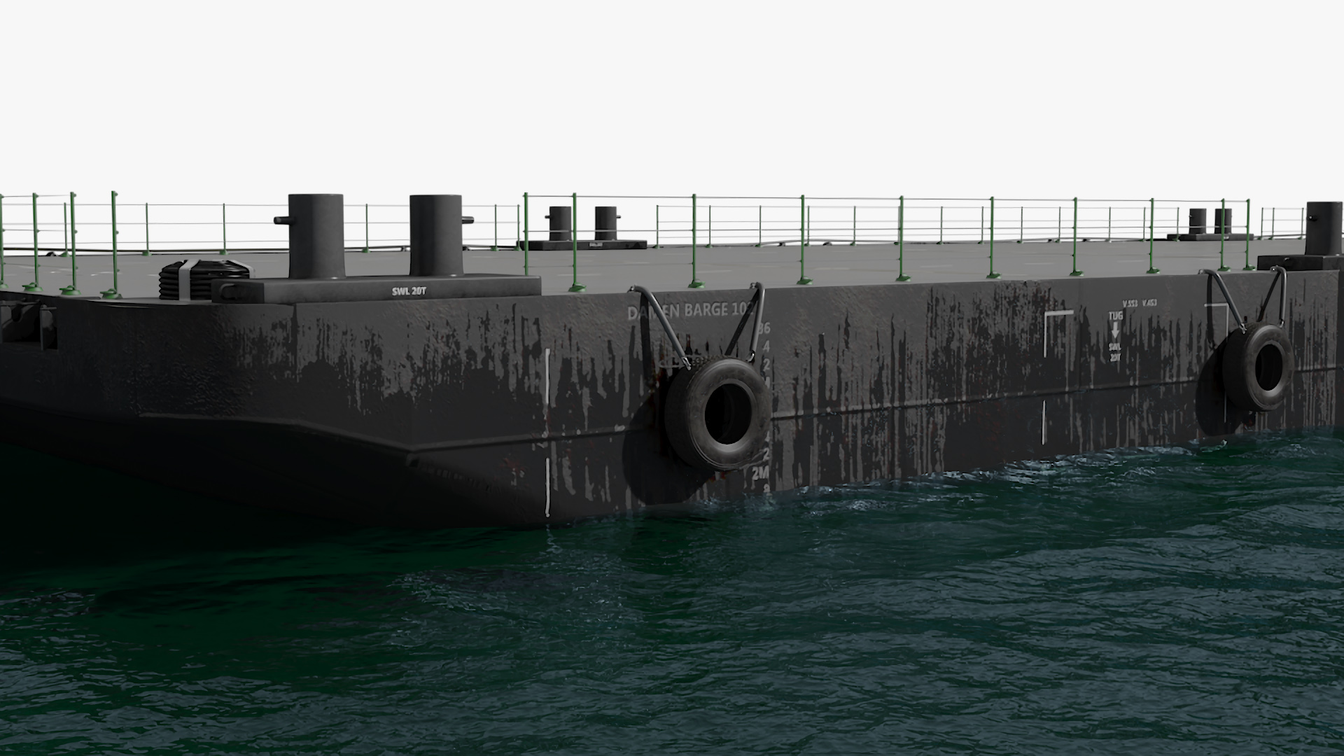 3D model Industrial Flat Deck Barge on Water