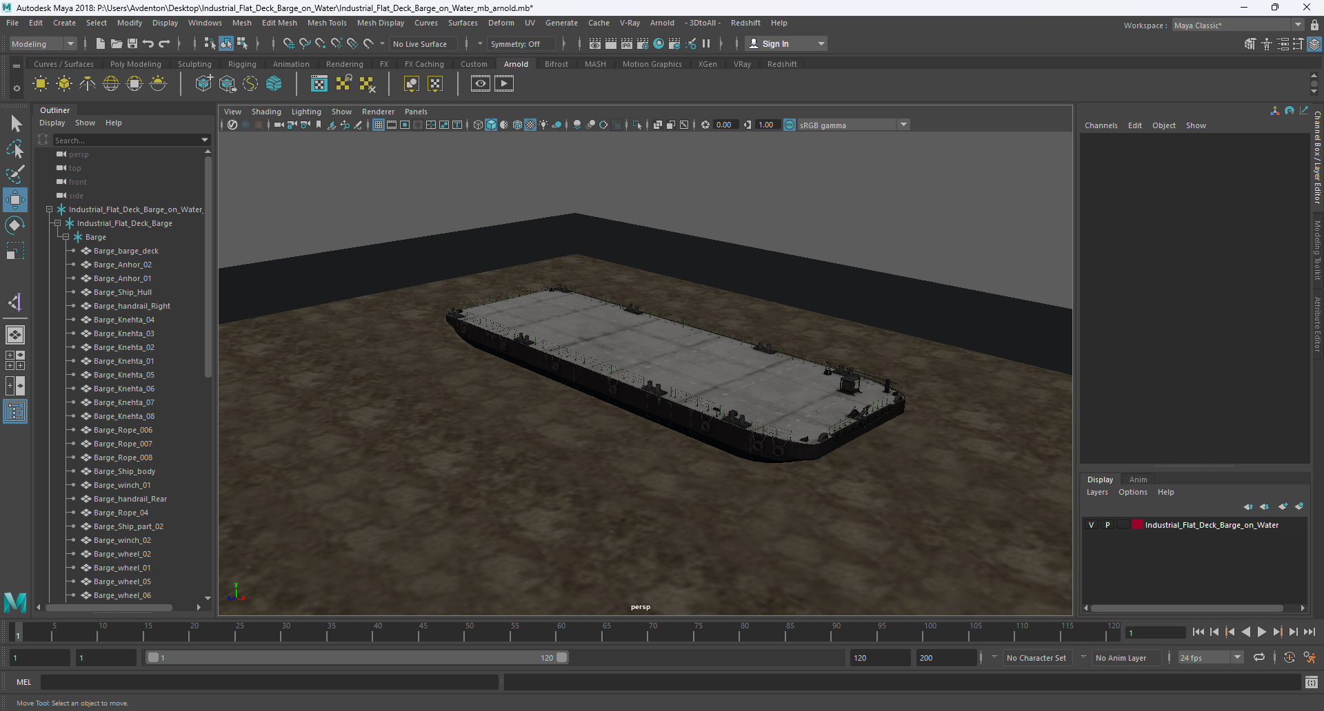 3D model Industrial Flat Deck Barge on Water