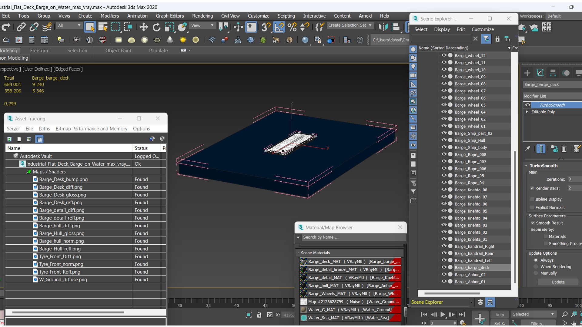 3D model Industrial Flat Deck Barge on Water