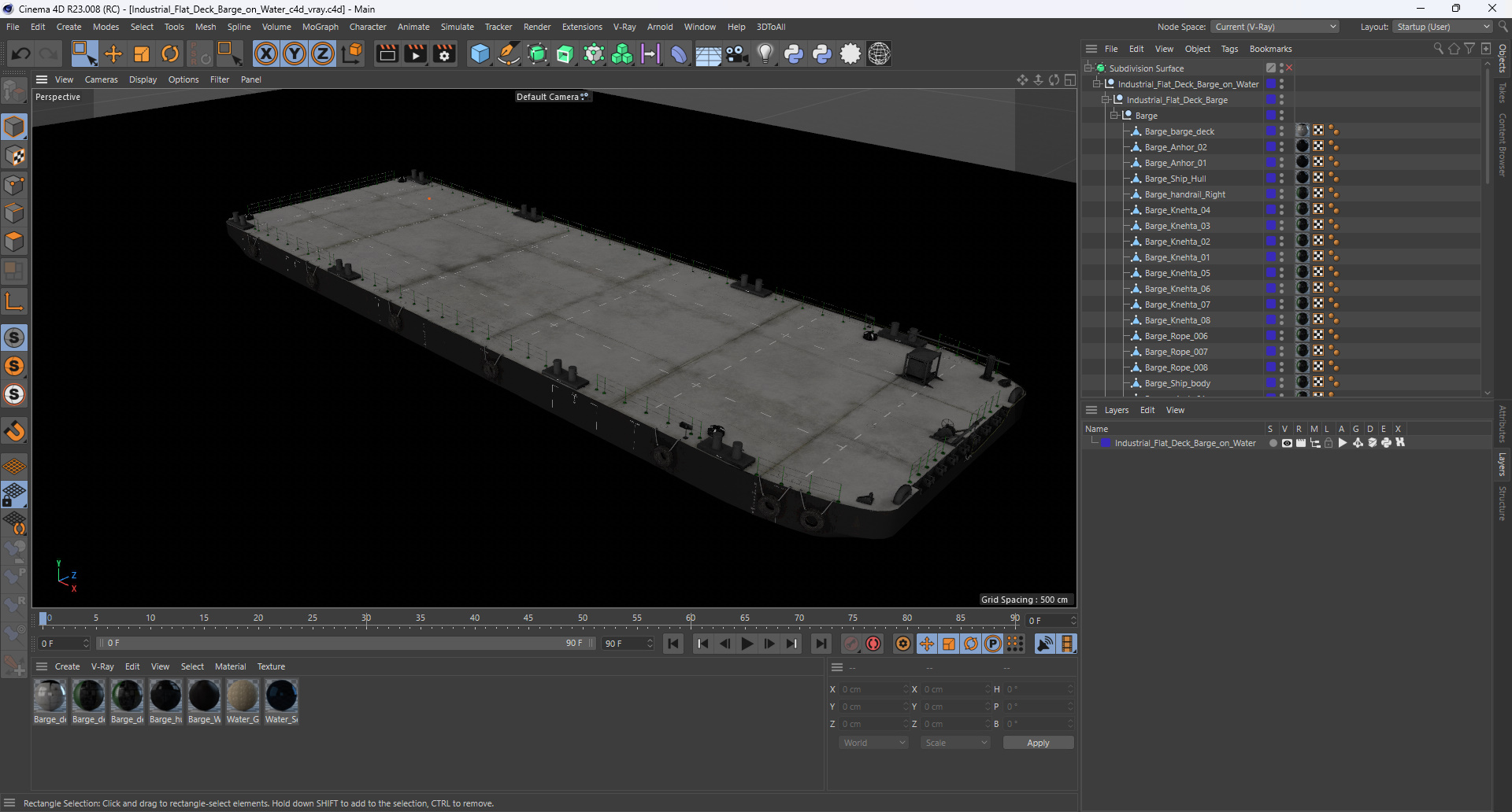 3D model Industrial Flat Deck Barge on Water