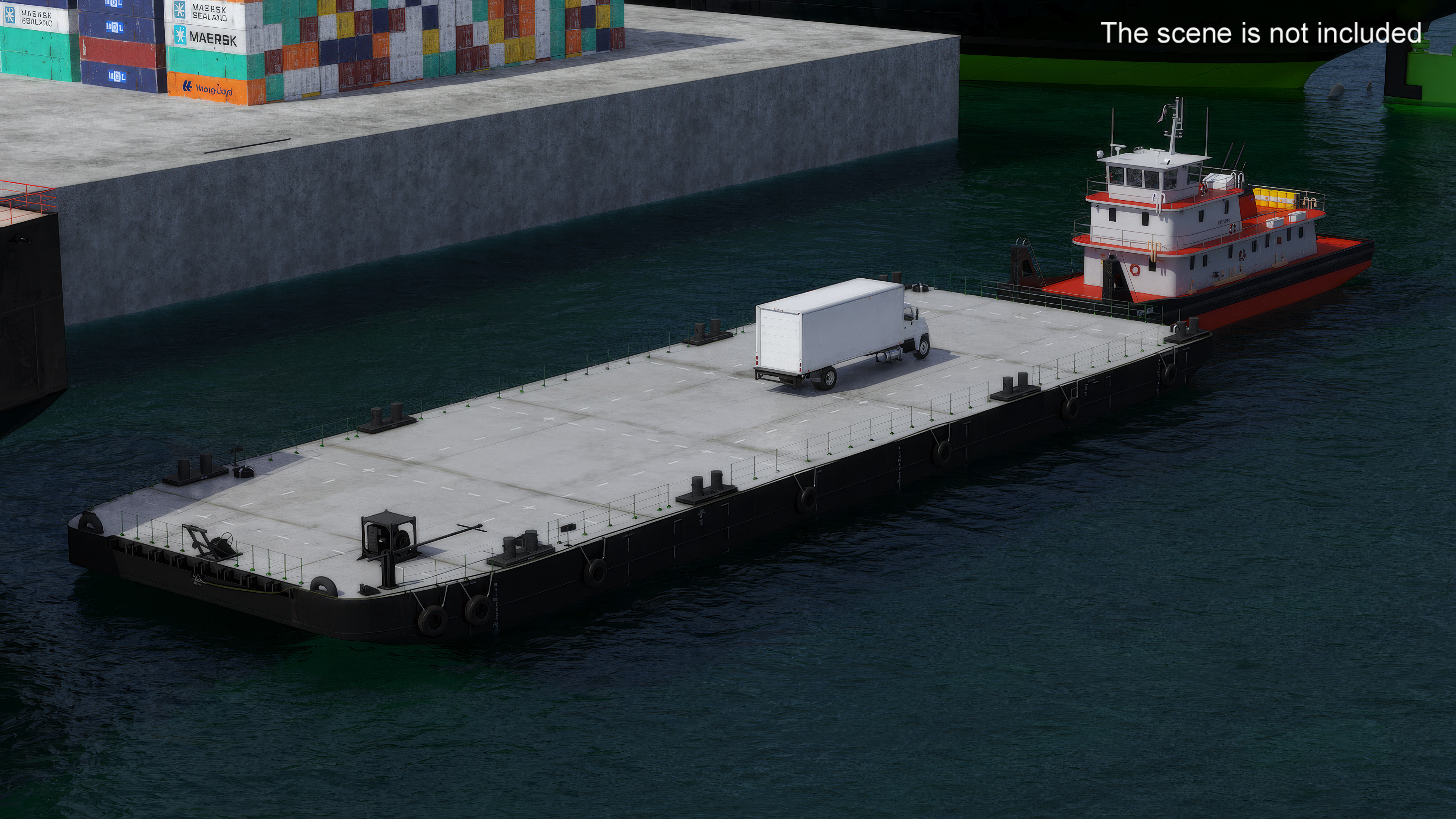 3D model Industrial Flat Deck Barge on Water