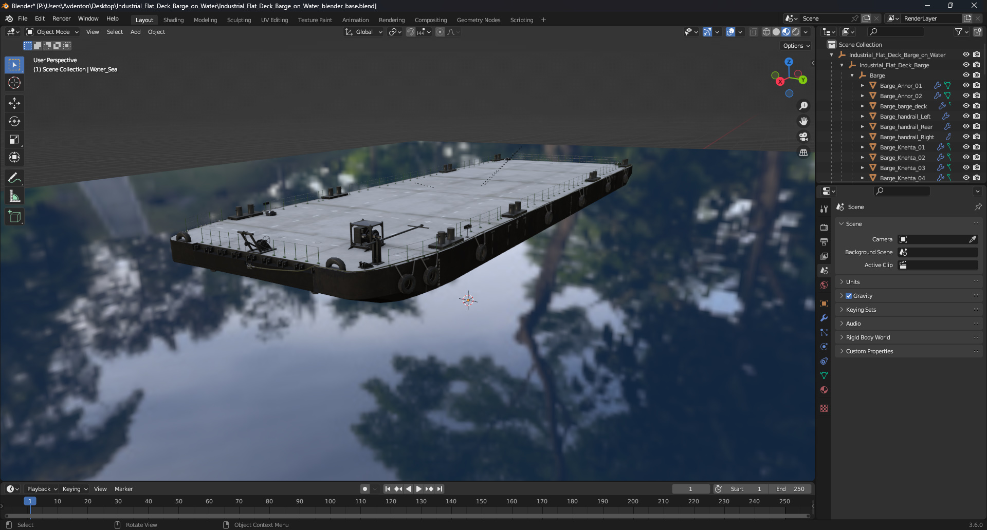 3D model Industrial Flat Deck Barge on Water