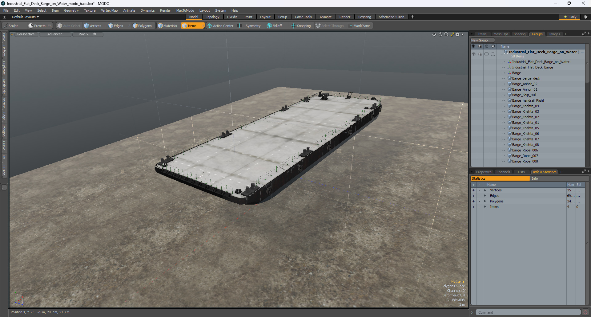 3D model Industrial Flat Deck Barge on Water