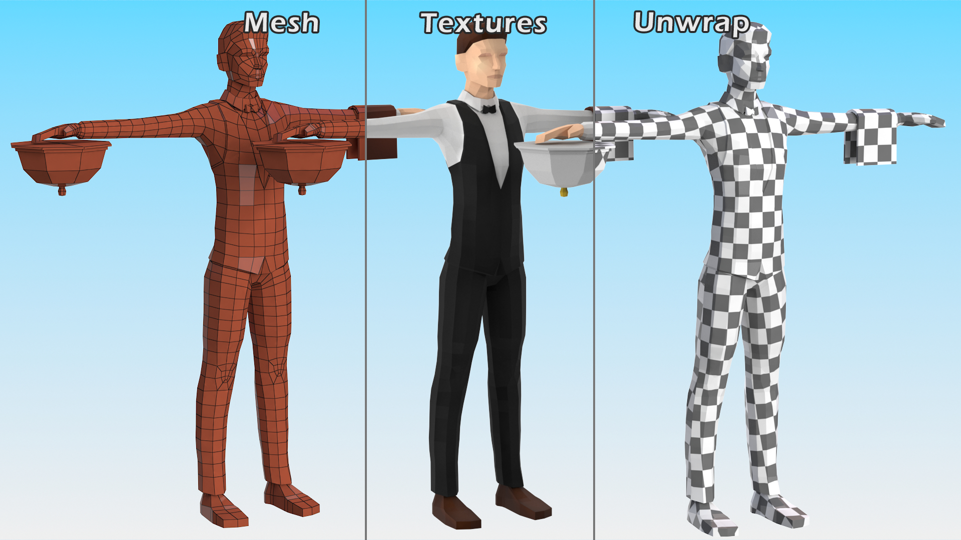 3D Waiter Low Poly Rigged for Maya