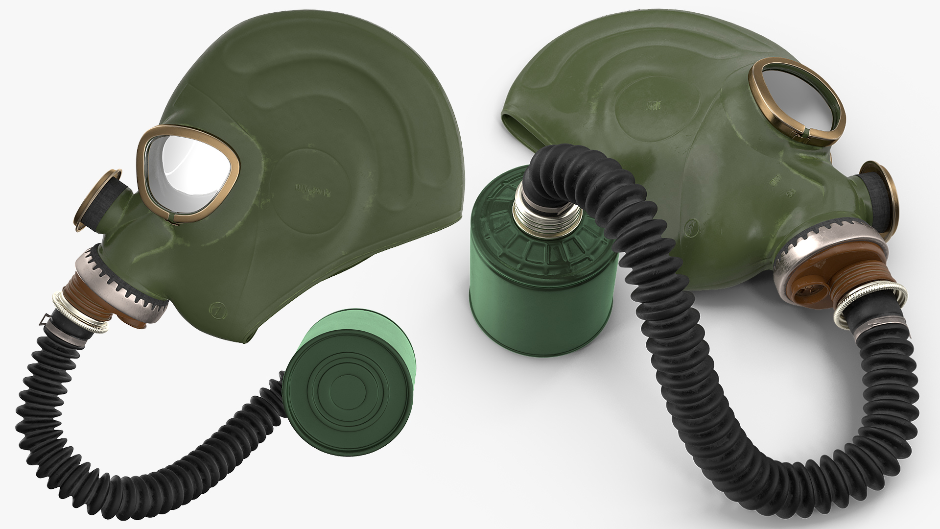 3D model Green Gas Mask with Long Hose Lying