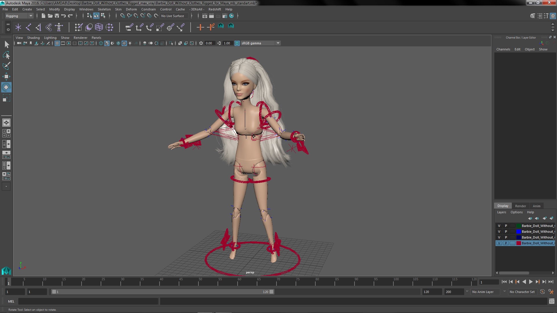 3D Barbie Doll Without Clothes Rigged for Maya model