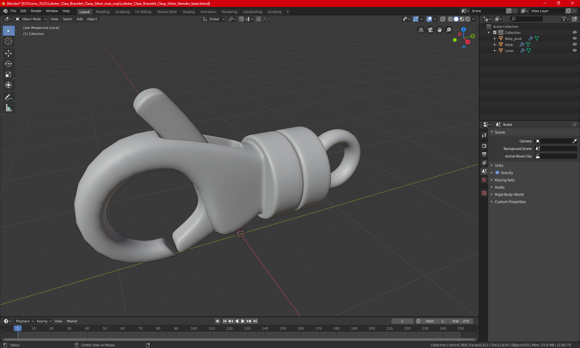 Lobster Claw Bracelet Clasp Silver 3D model
