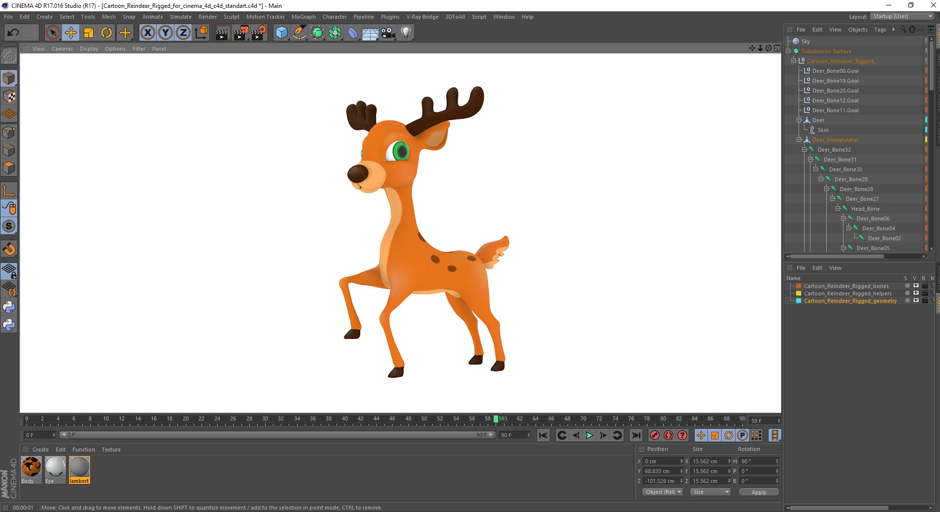 Cartoon Reindeer Rigged for Cinema 4D 3D
