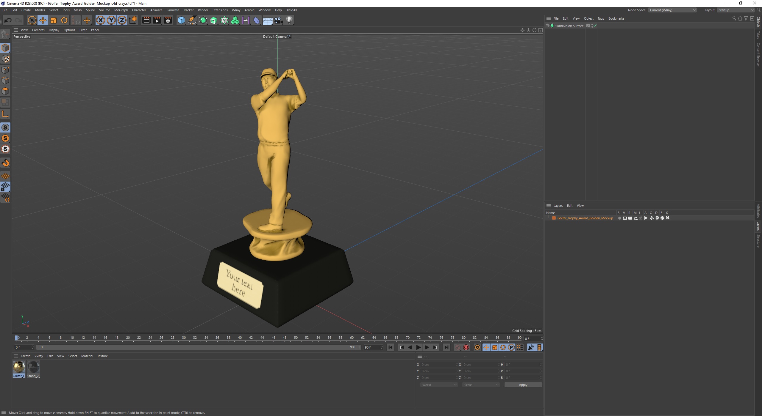 3D Golfer Trophy Award Golden Mockup model