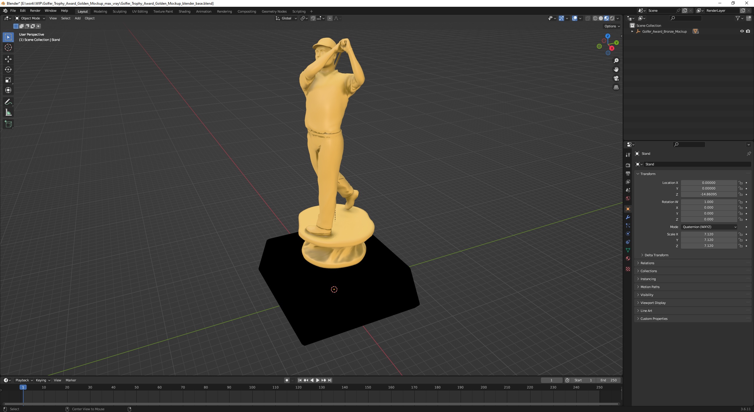 3D Golfer Trophy Award Golden Mockup model