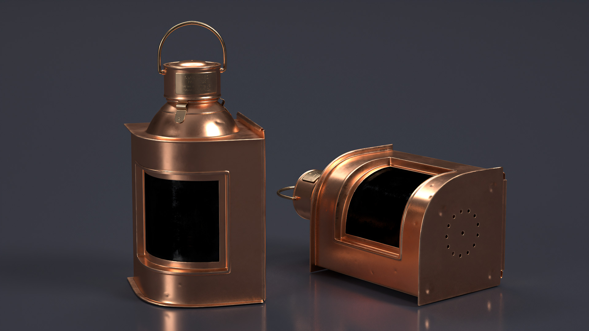 Antique Copper Ship Lantern with Black Glass 3D model