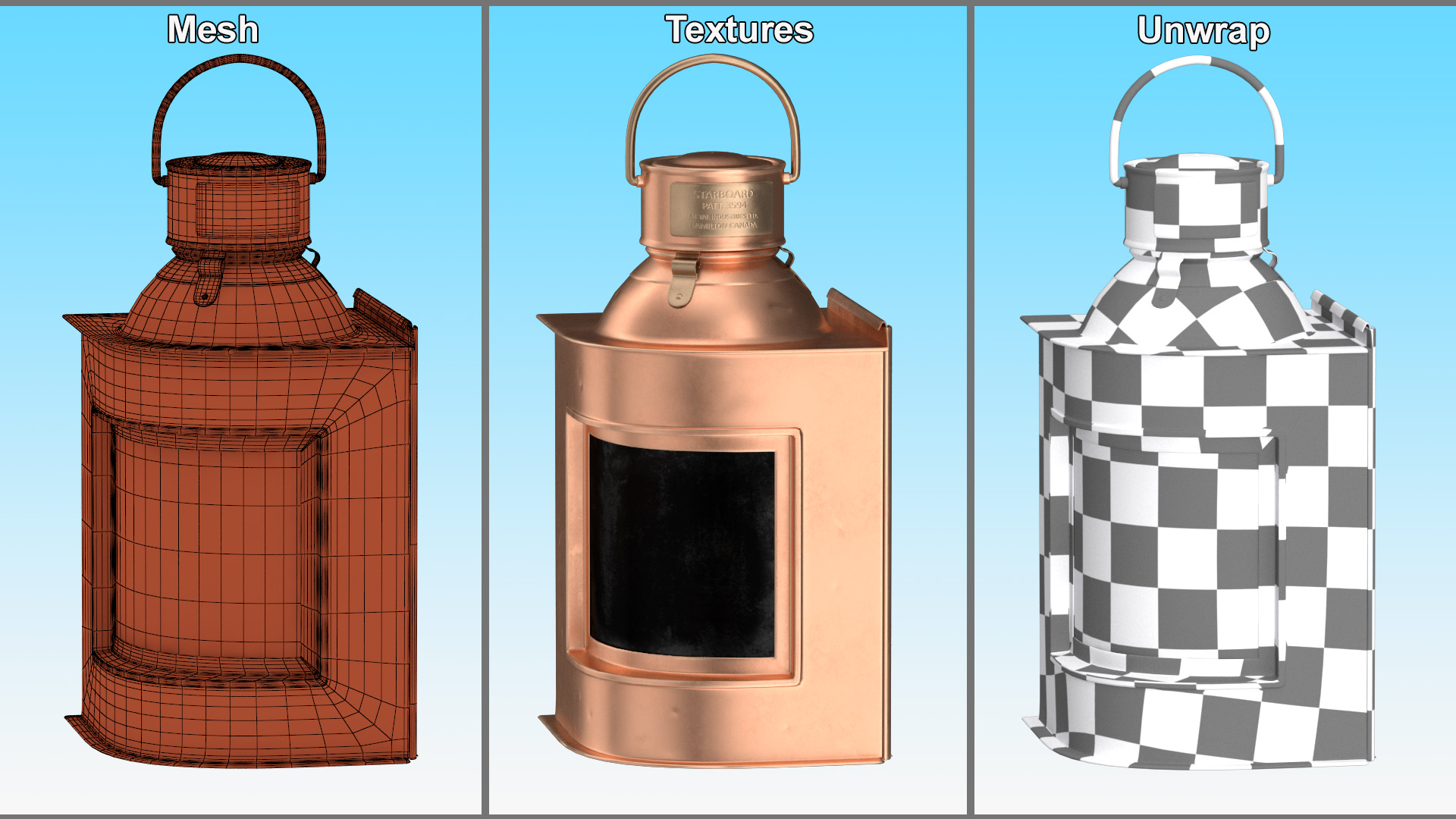 Antique Copper Ship Lantern with Black Glass 3D model