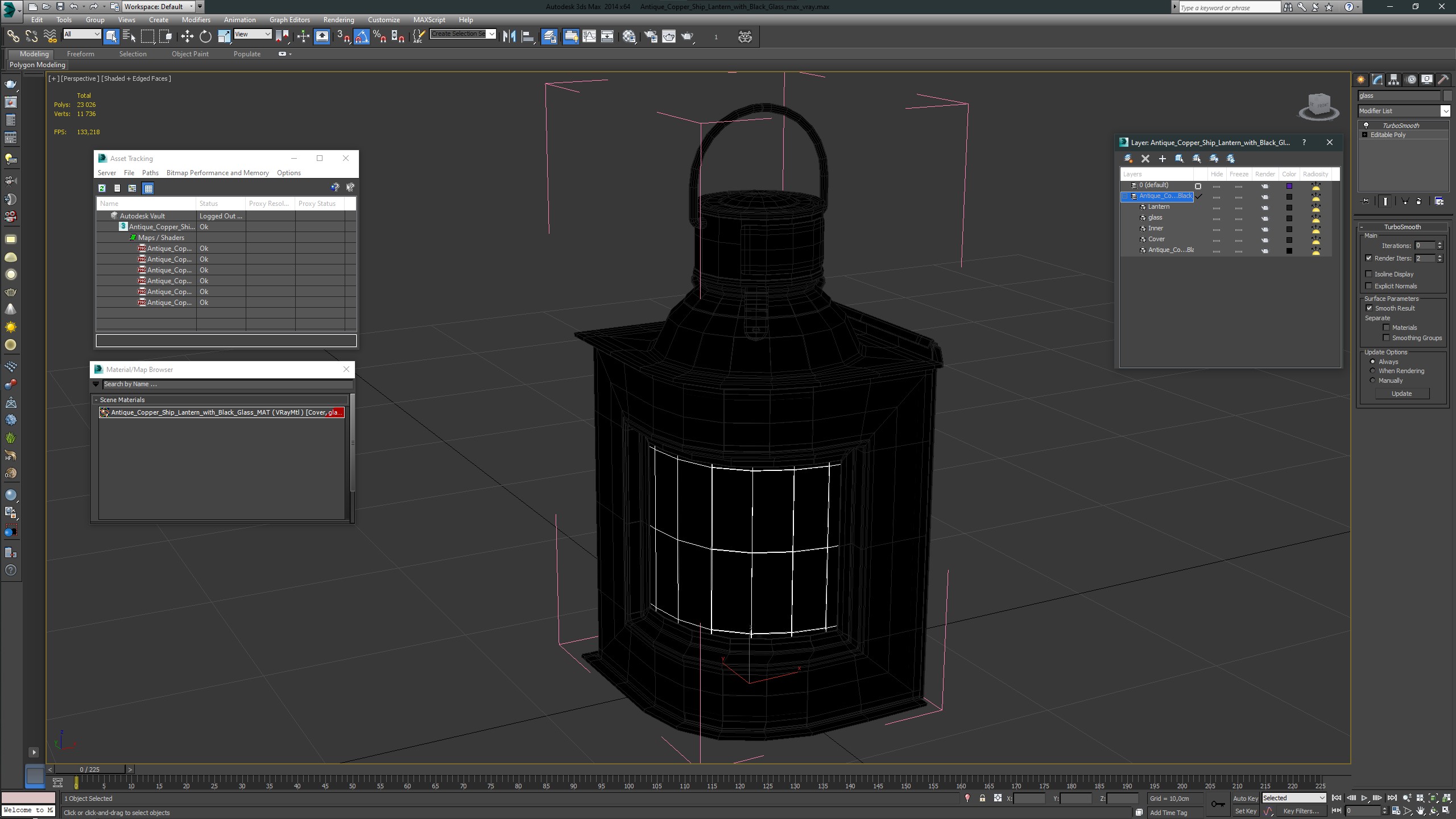 Antique Copper Ship Lantern with Black Glass 3D model