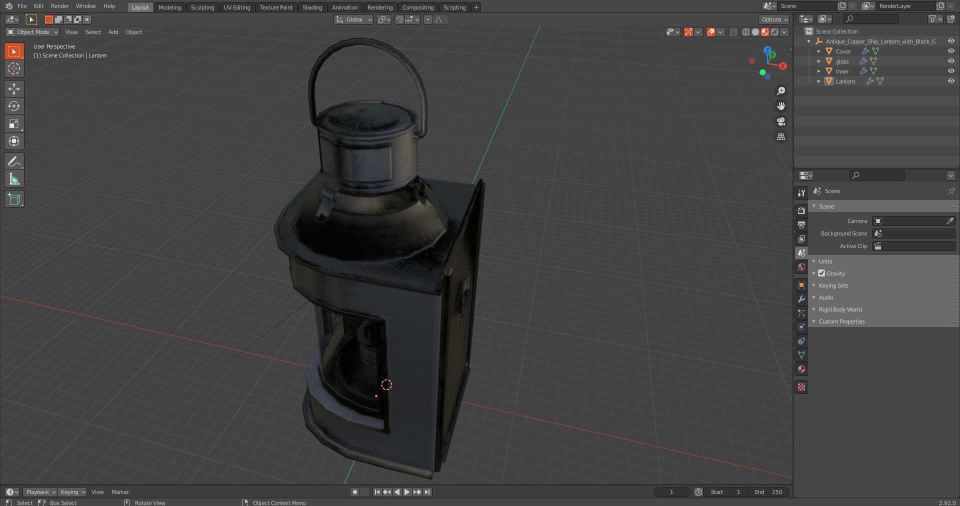 Antique Copper Ship Lantern with Black Glass 3D model