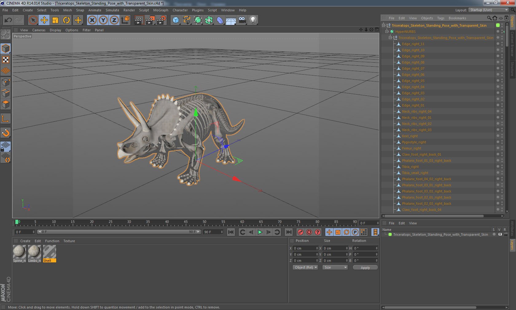 3D Triceratops Skeleton Standing Pose with Transparent Skin