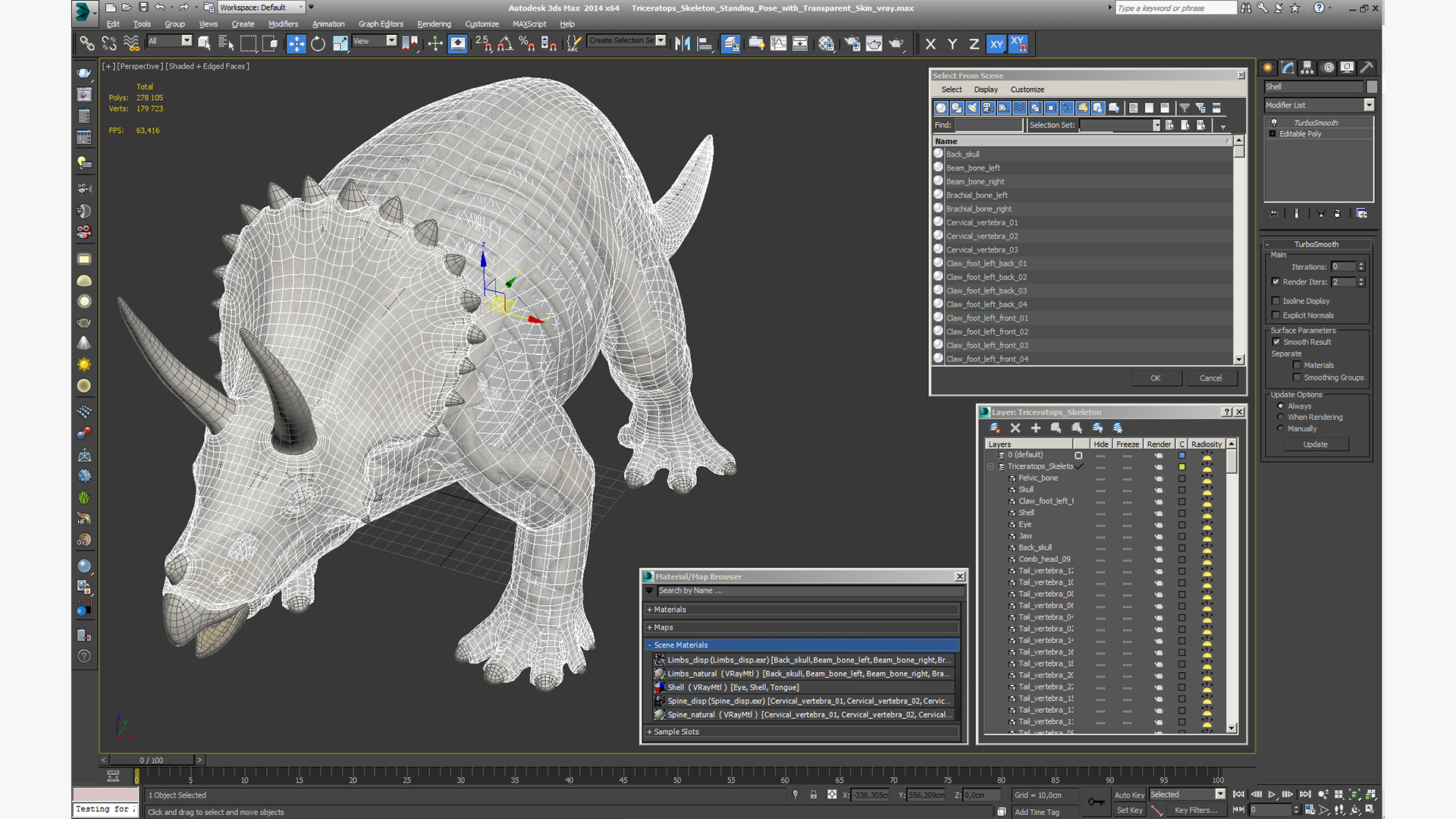3D Triceratops Skeleton Standing Pose with Transparent Skin