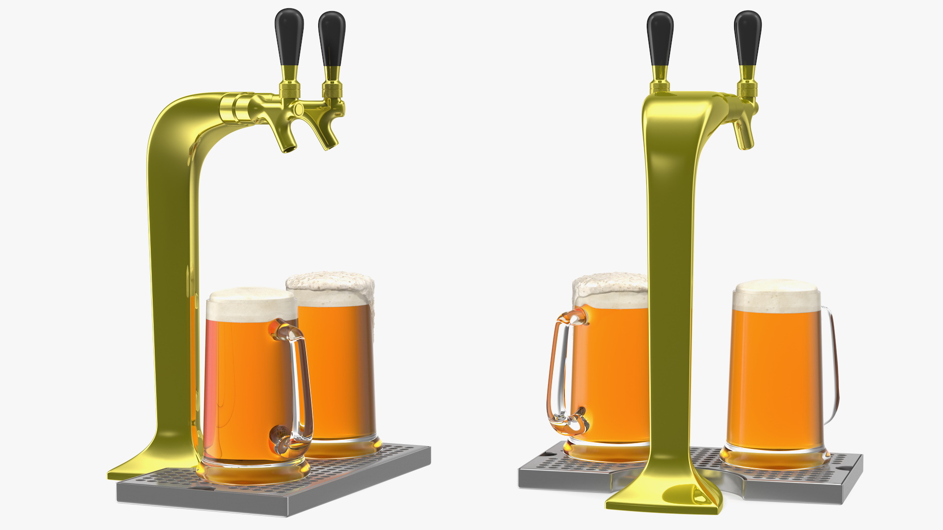 3D Double Tap Brass Draft Beer Tower with Beer Mugs model