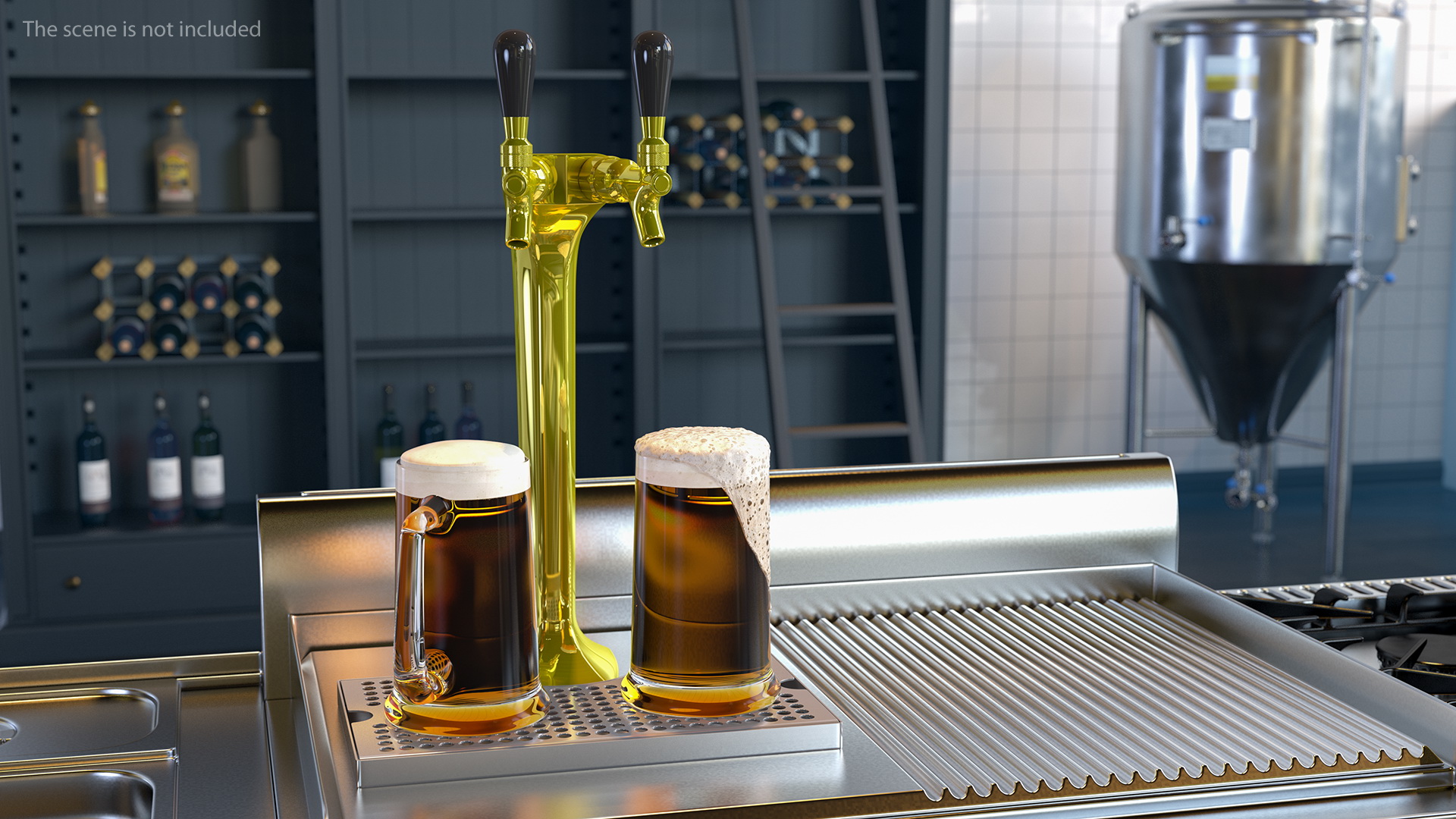 3D Double Tap Brass Draft Beer Tower with Beer Mugs model