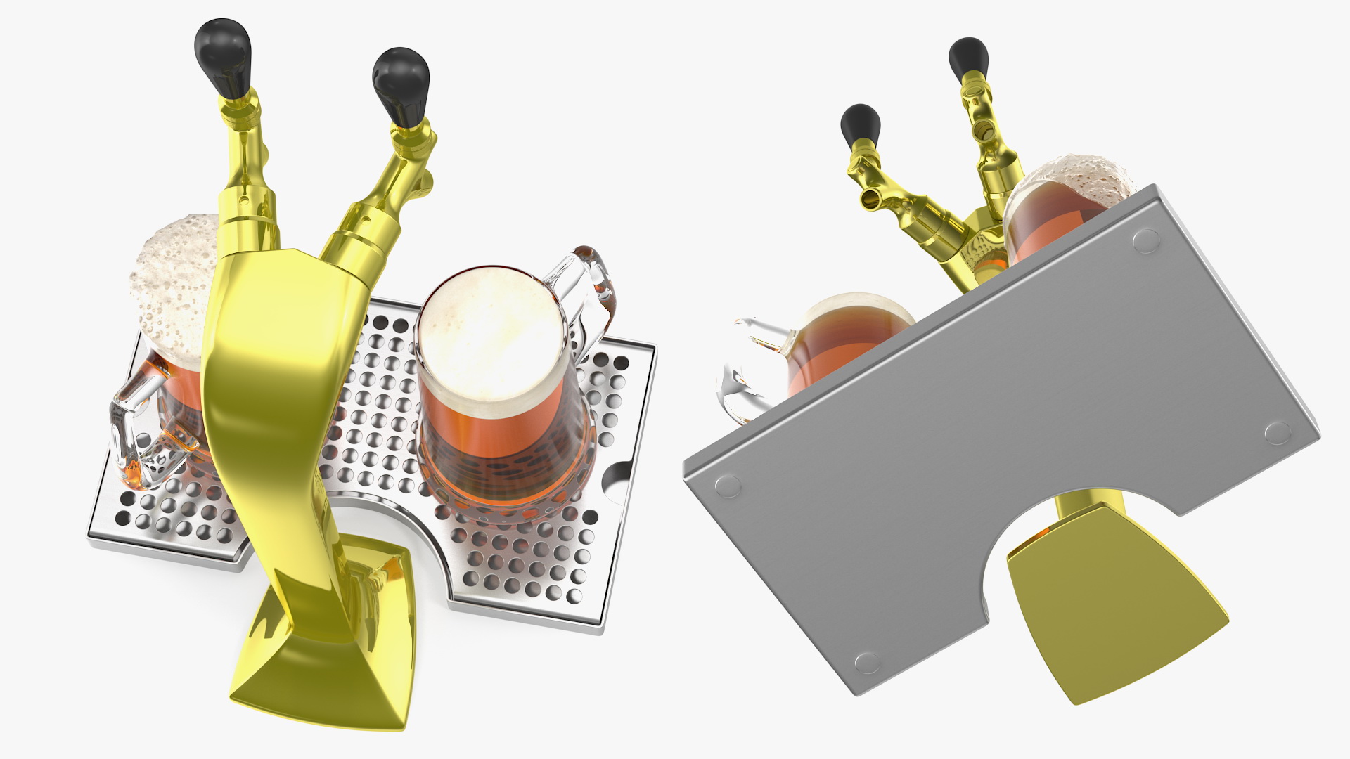 3D Double Tap Brass Draft Beer Tower with Beer Mugs model