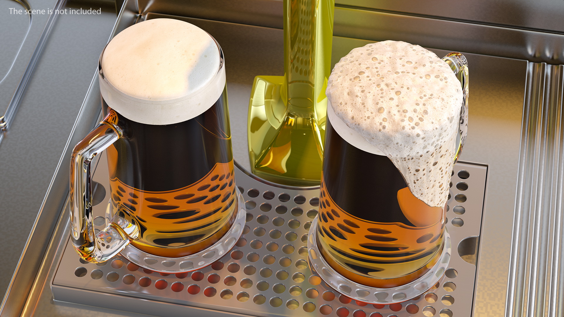 3D Double Tap Brass Draft Beer Tower with Beer Mugs model