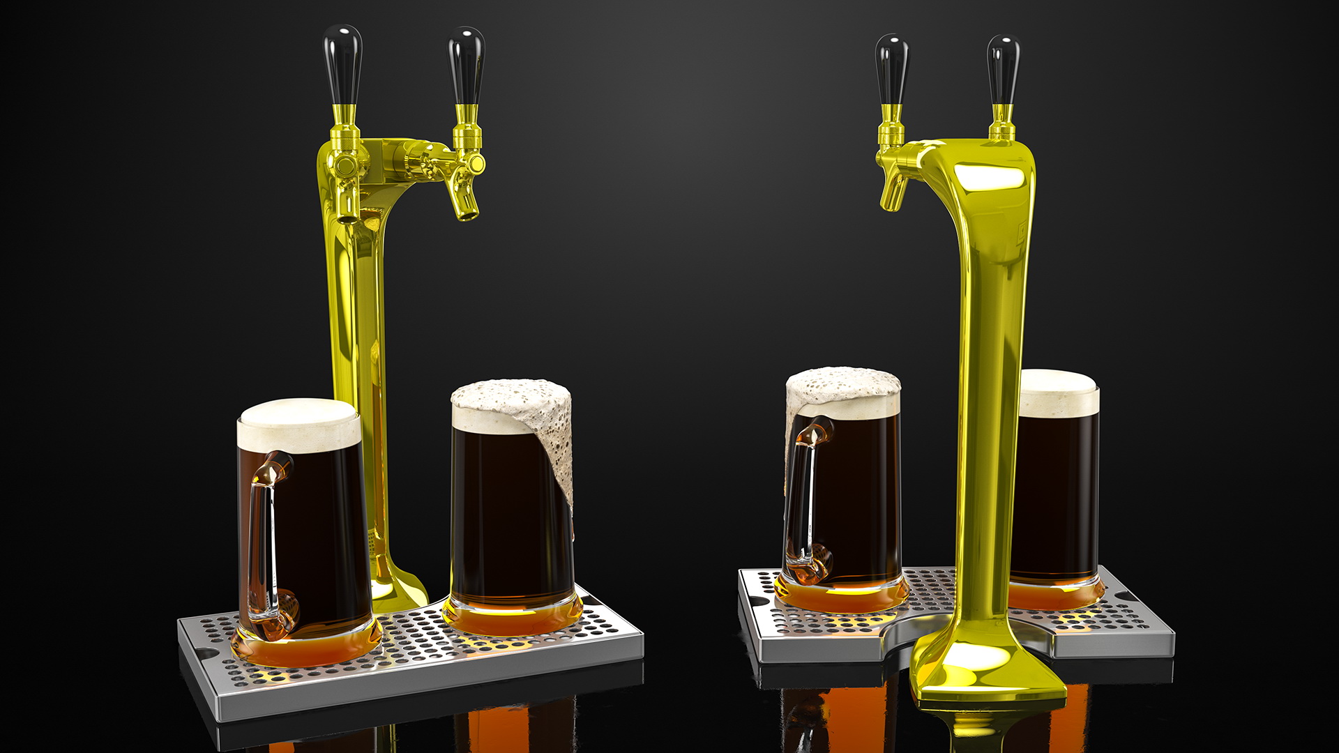 3D Double Tap Brass Draft Beer Tower with Beer Mugs model