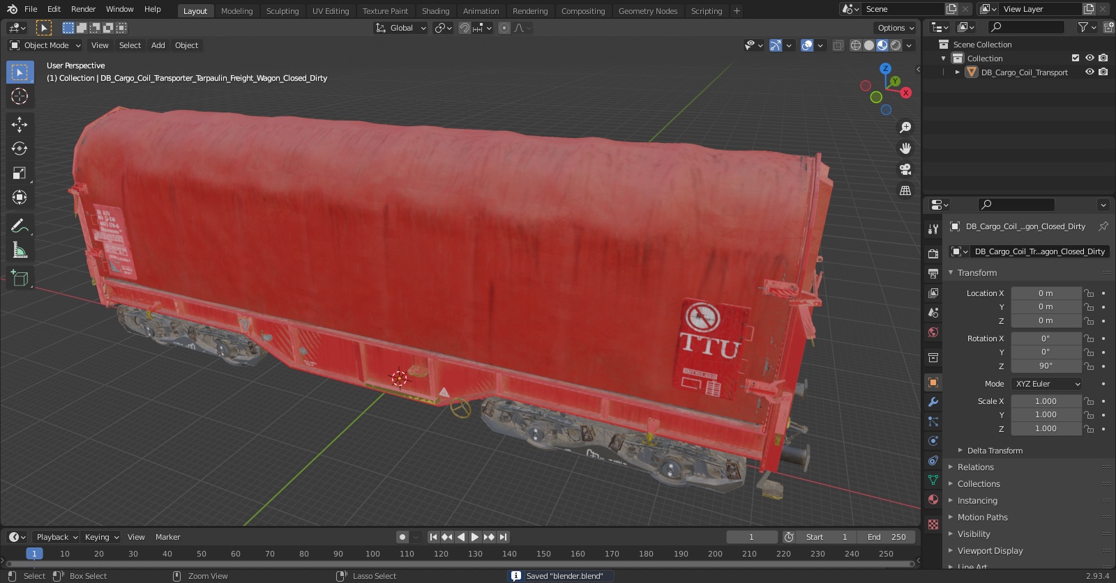 DB Cargo Coil Transporter Tarpaulin Freight Wagon Closed Dirty 3D