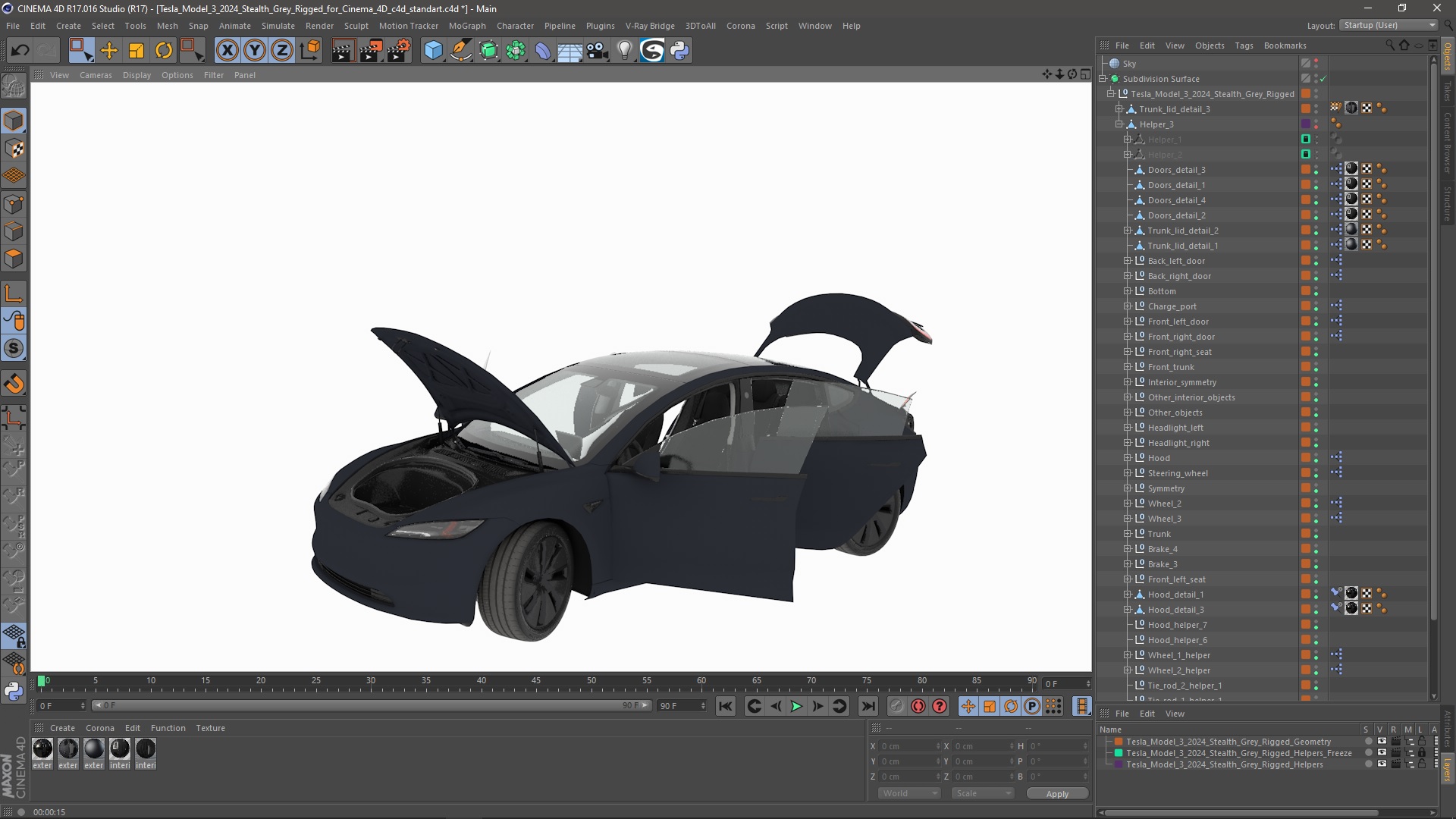 Tesla Model 3 2024 Stealth Grey Rigged for Cinema 4D 3D