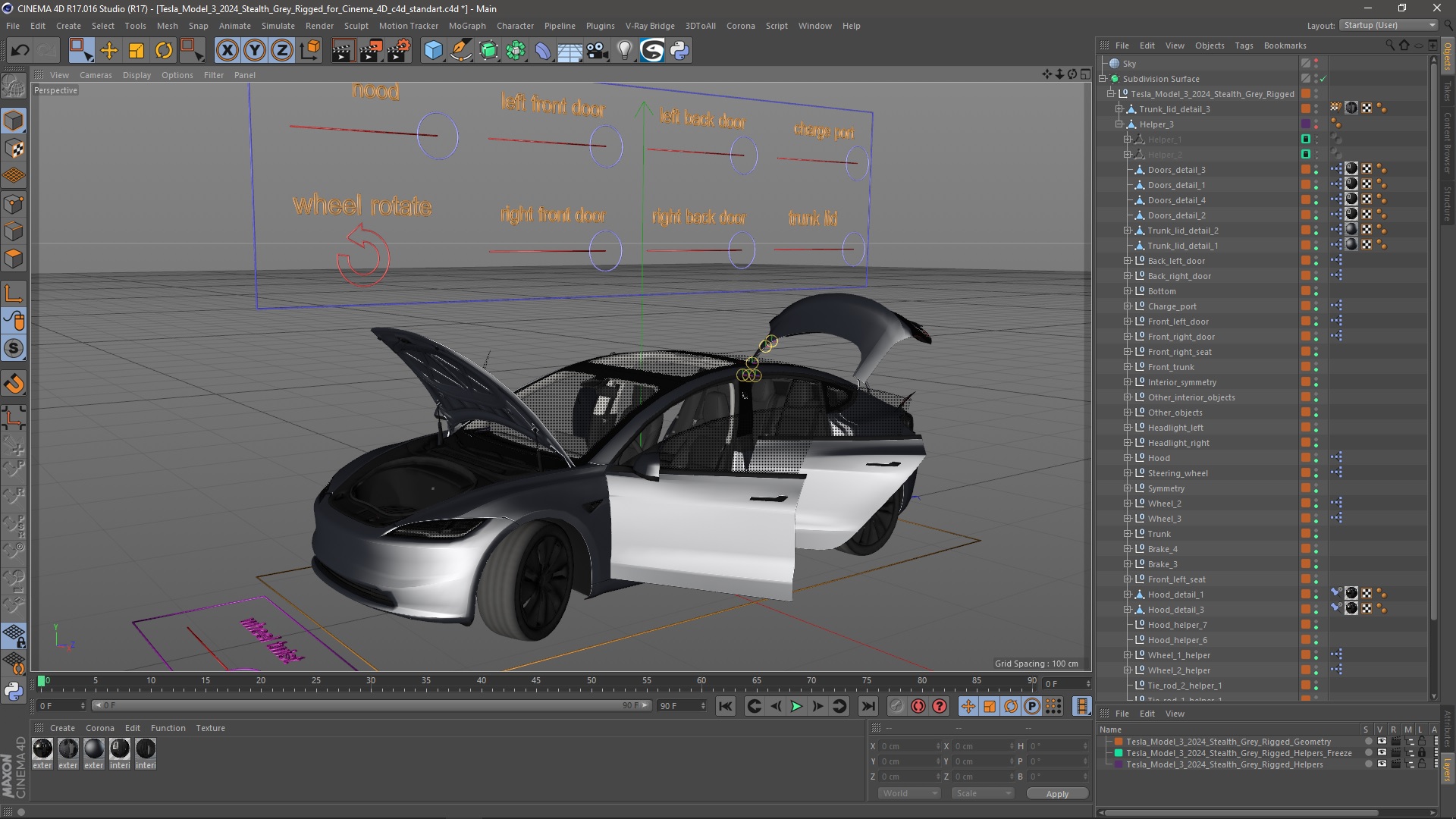 Tesla Model 3 2024 Stealth Grey Rigged for Cinema 4D 3D