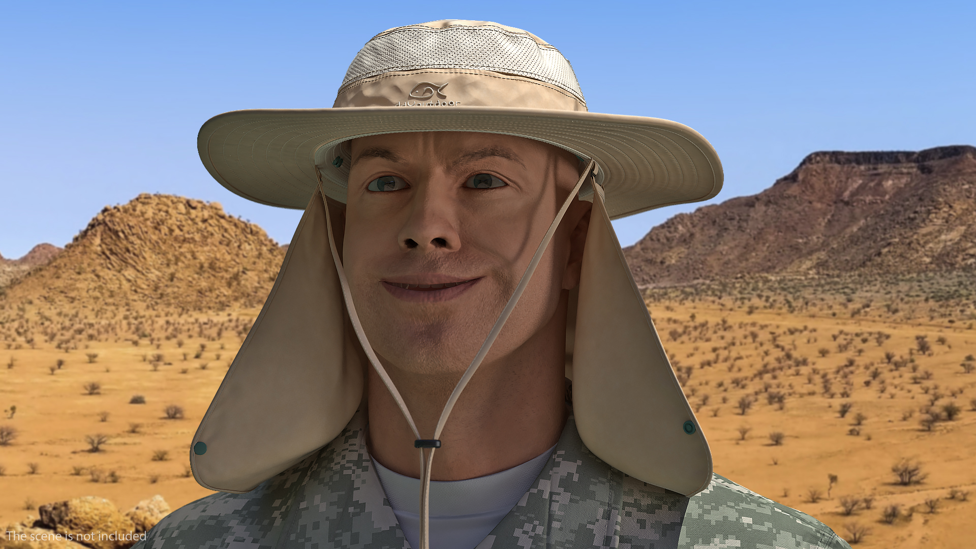 3D model Khaki Outdoor Fishing Hat with Removable Neck Flap