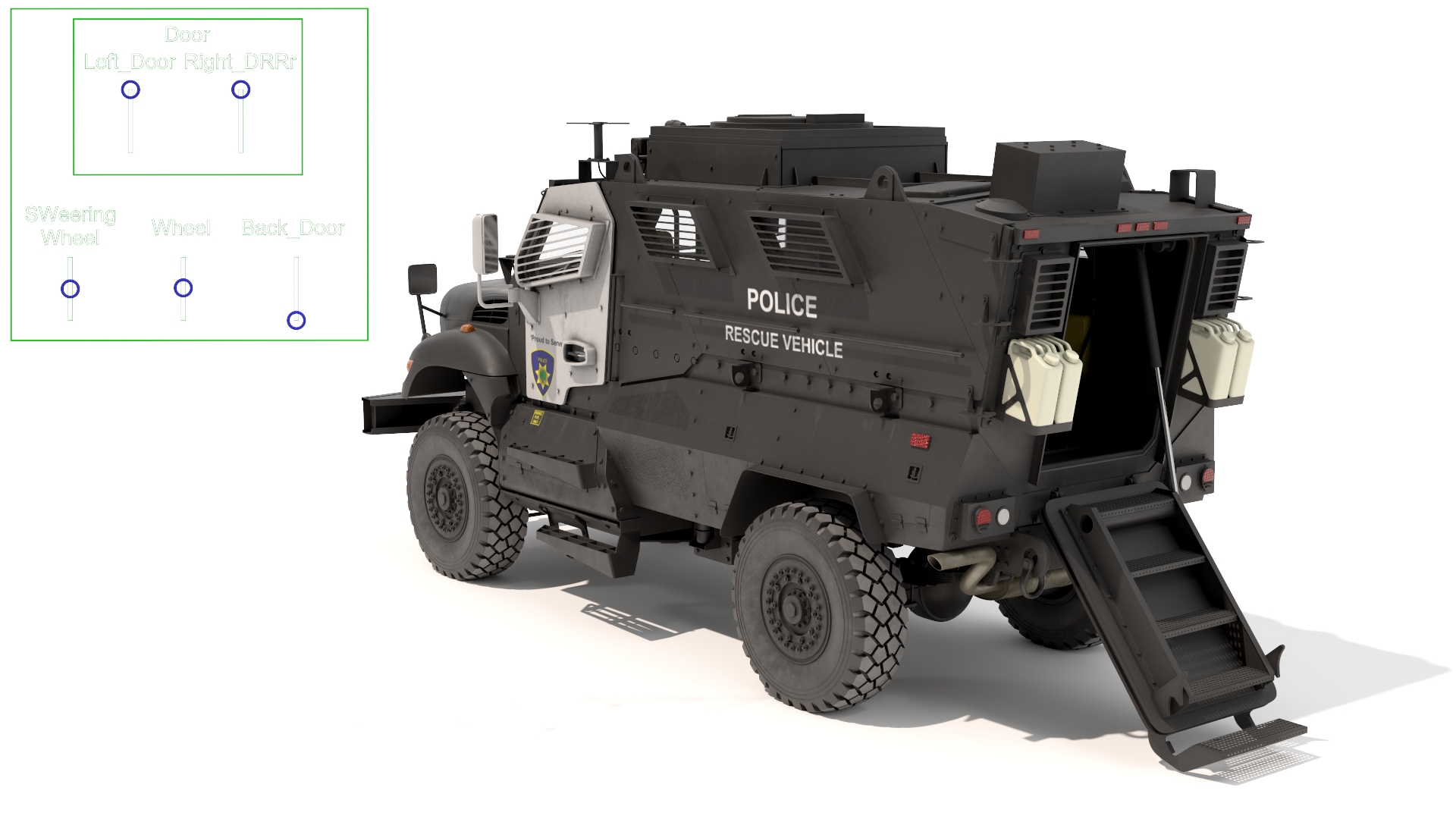3D Armored Police Rescue Vehicle Black Rigged for Maya