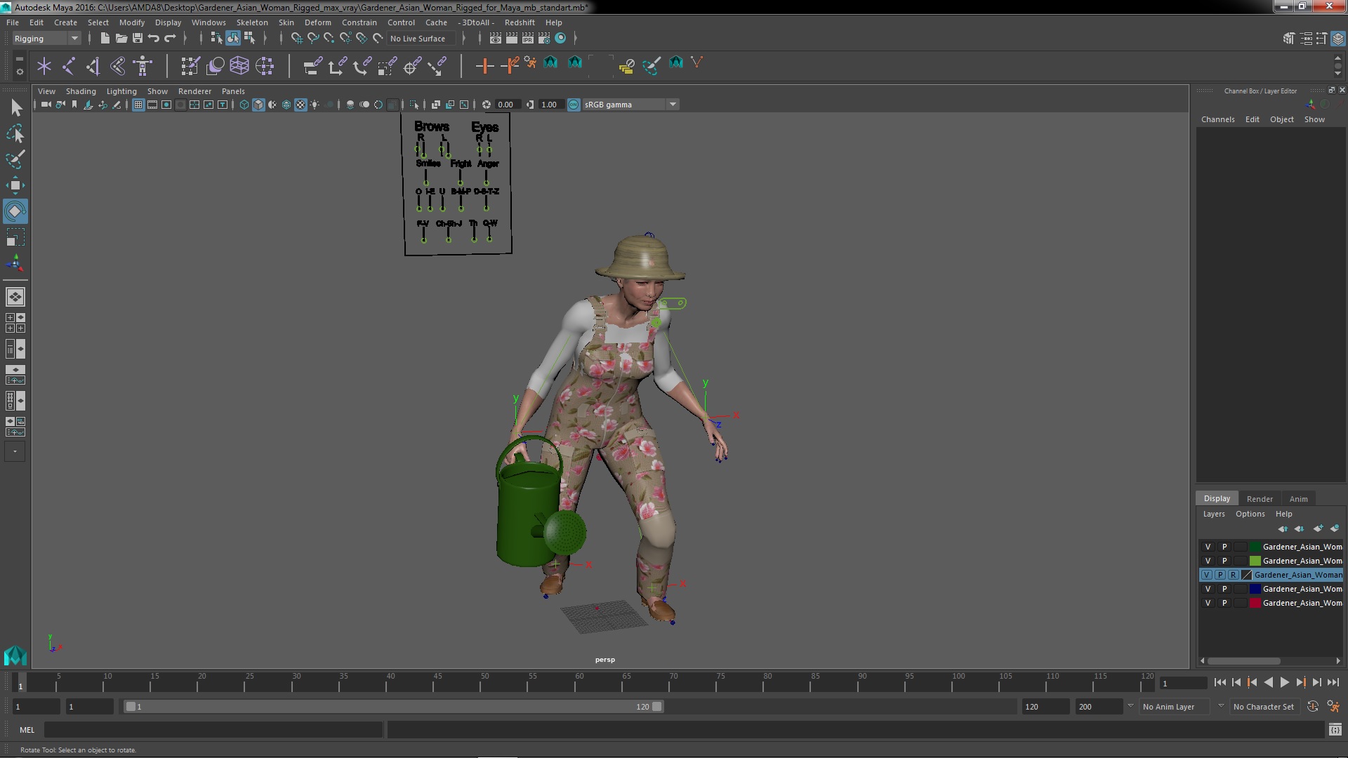 3D Gardener Asian Woman Rigged for Maya
