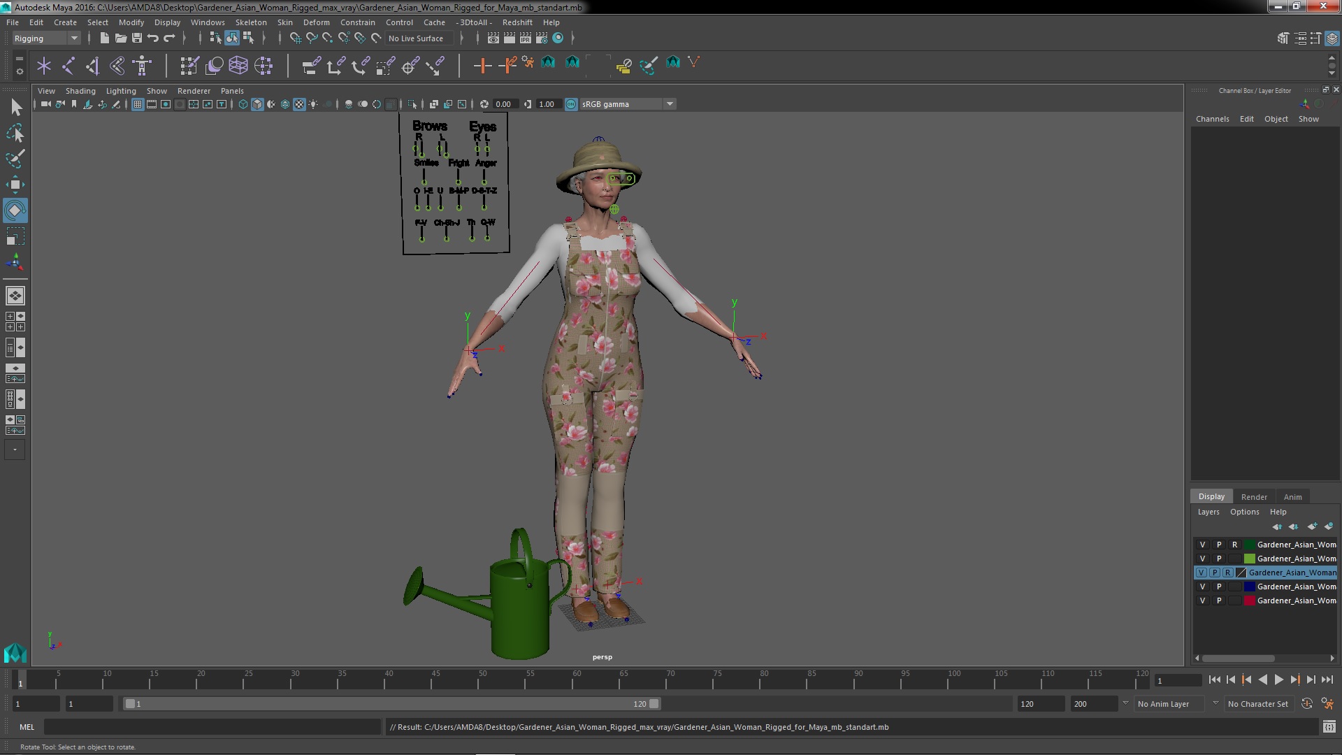 3D Gardener Asian Woman Rigged for Maya