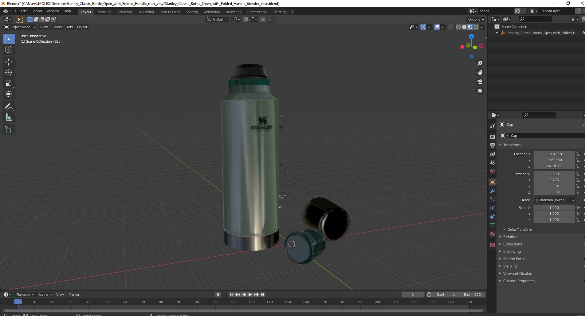 3D Stanley Classic Bottle Open with Folded Handle