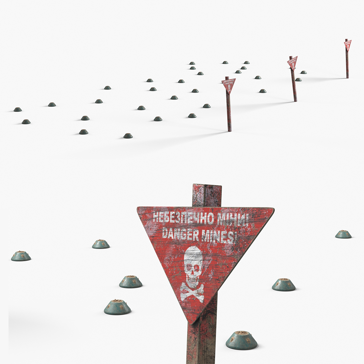 Land Mine Field with Warning Signs 3D model preview