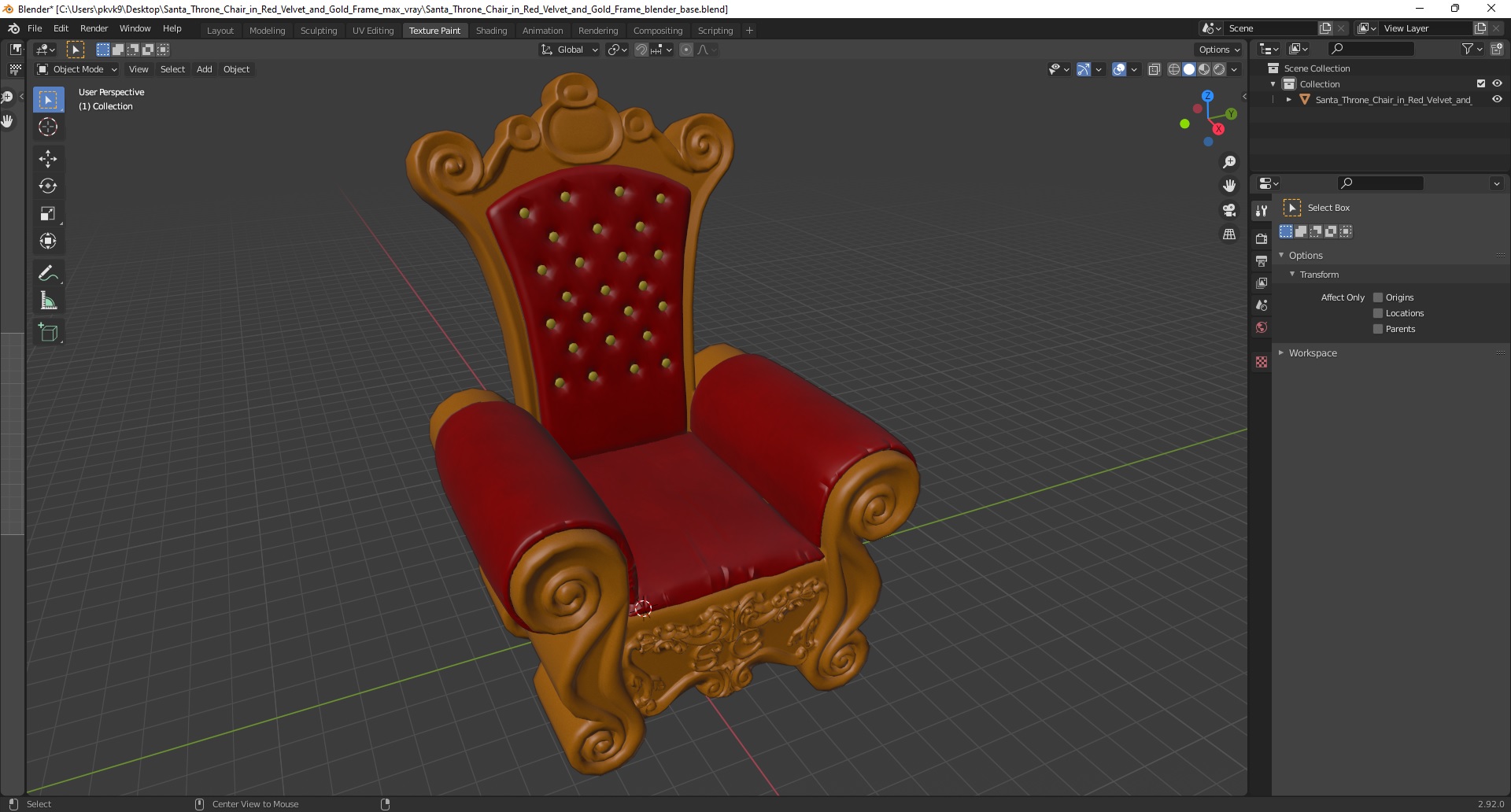 Santa Throne Chair in Red Velvet and Gold Frame 3D