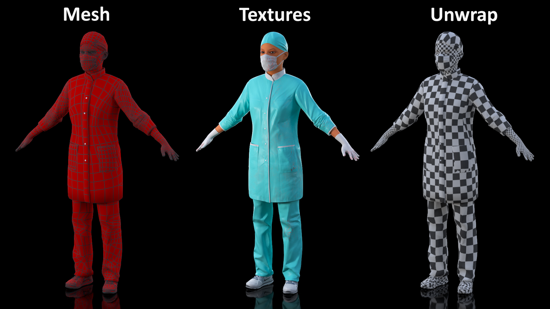 Female Doctor Wearing Face Mask Stained with Blood Rigged 3D