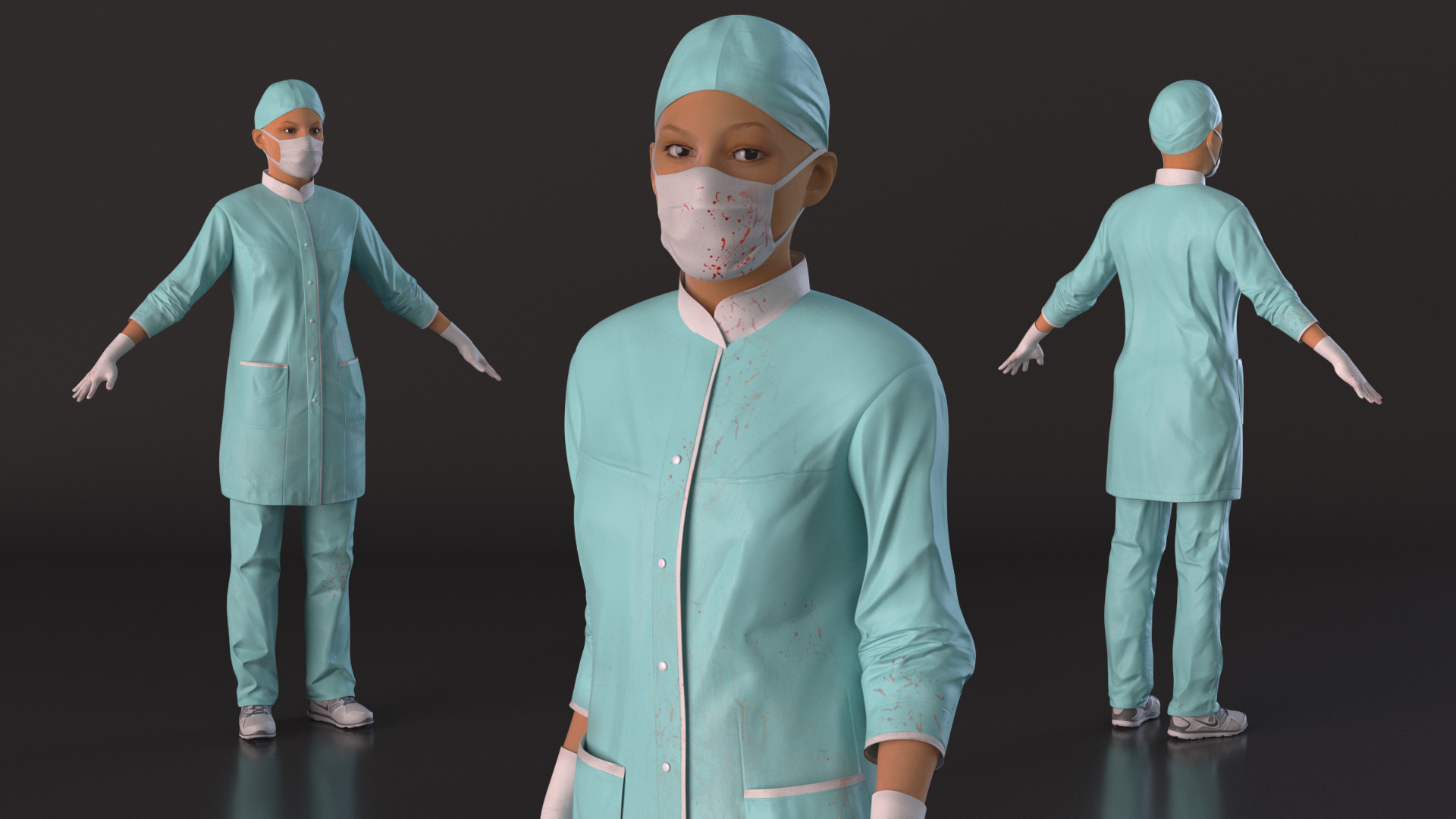 Female Doctor Wearing Face Mask Stained with Blood Rigged 3D