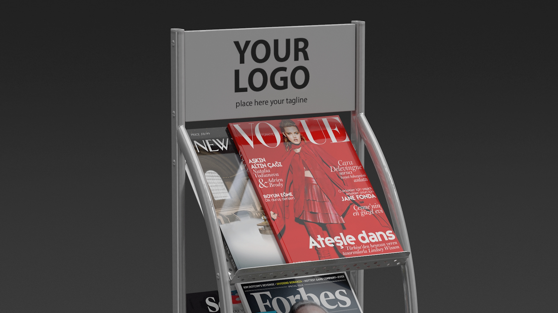 3D Mockup Magazine Stand Aluminium with Magazines