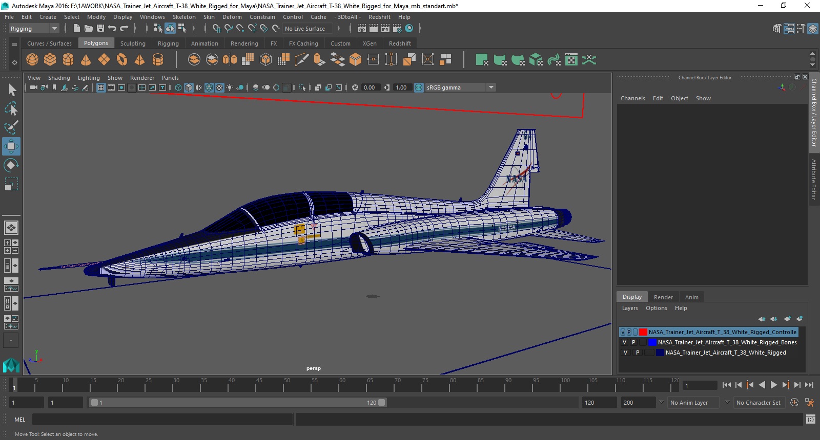 NASA Trainer Jet Aircraft T-38 White Rigged for Maya 3D