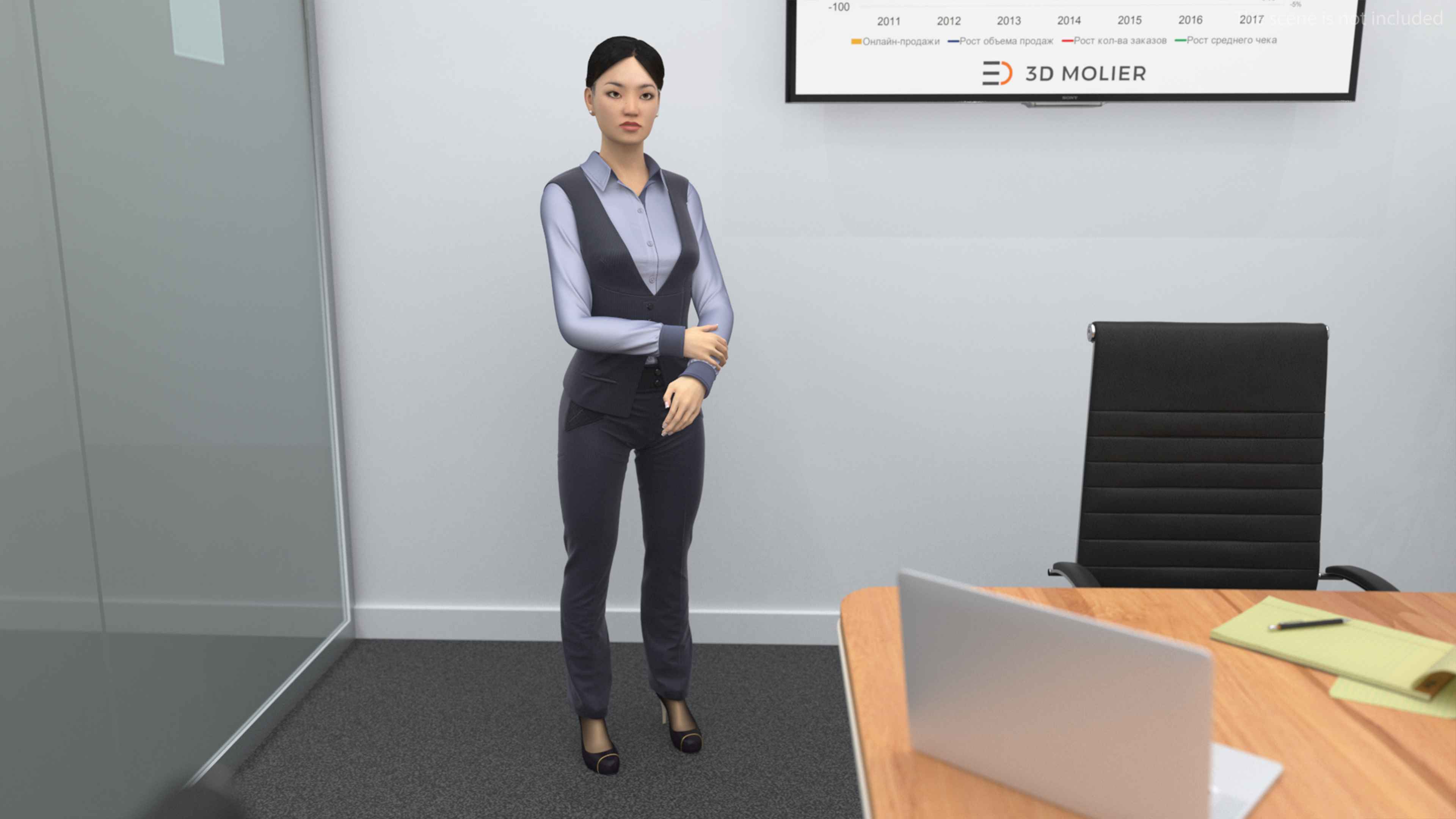 3D model Asian Businesswoman in Formal Suit Fur Rigged
