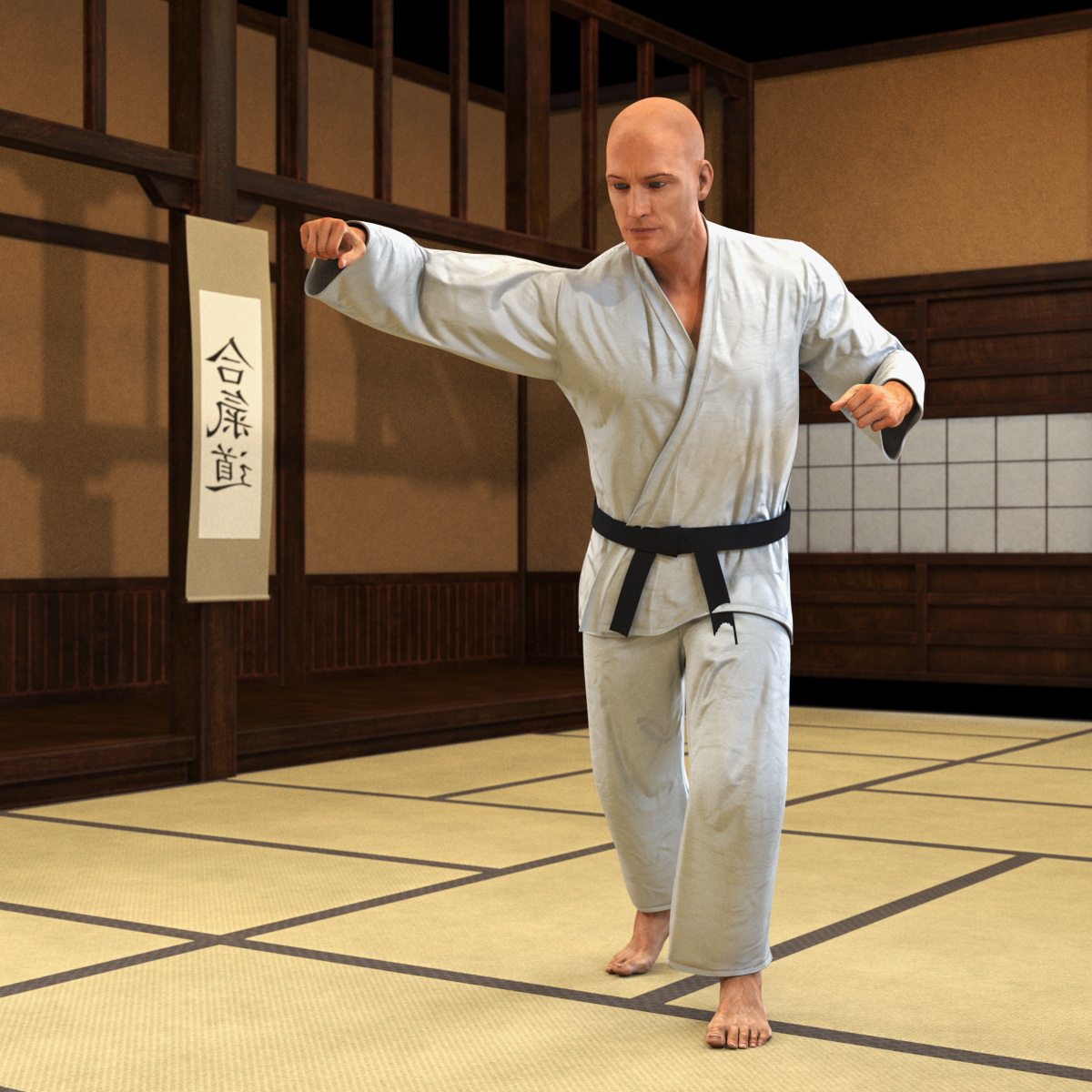 3D Karate Practitioner in Gi with Black Belt Rigged model
