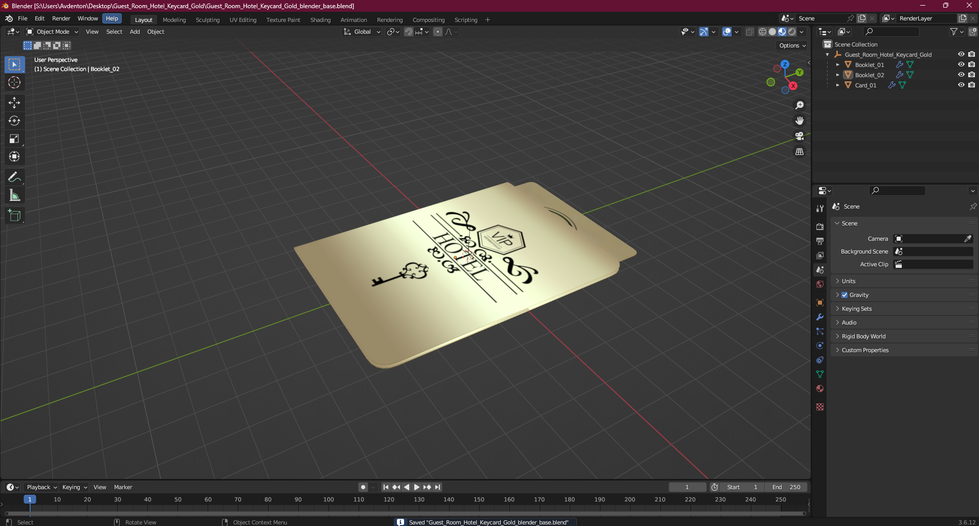 Guest Room Hotel Keycard Gold 3D model
