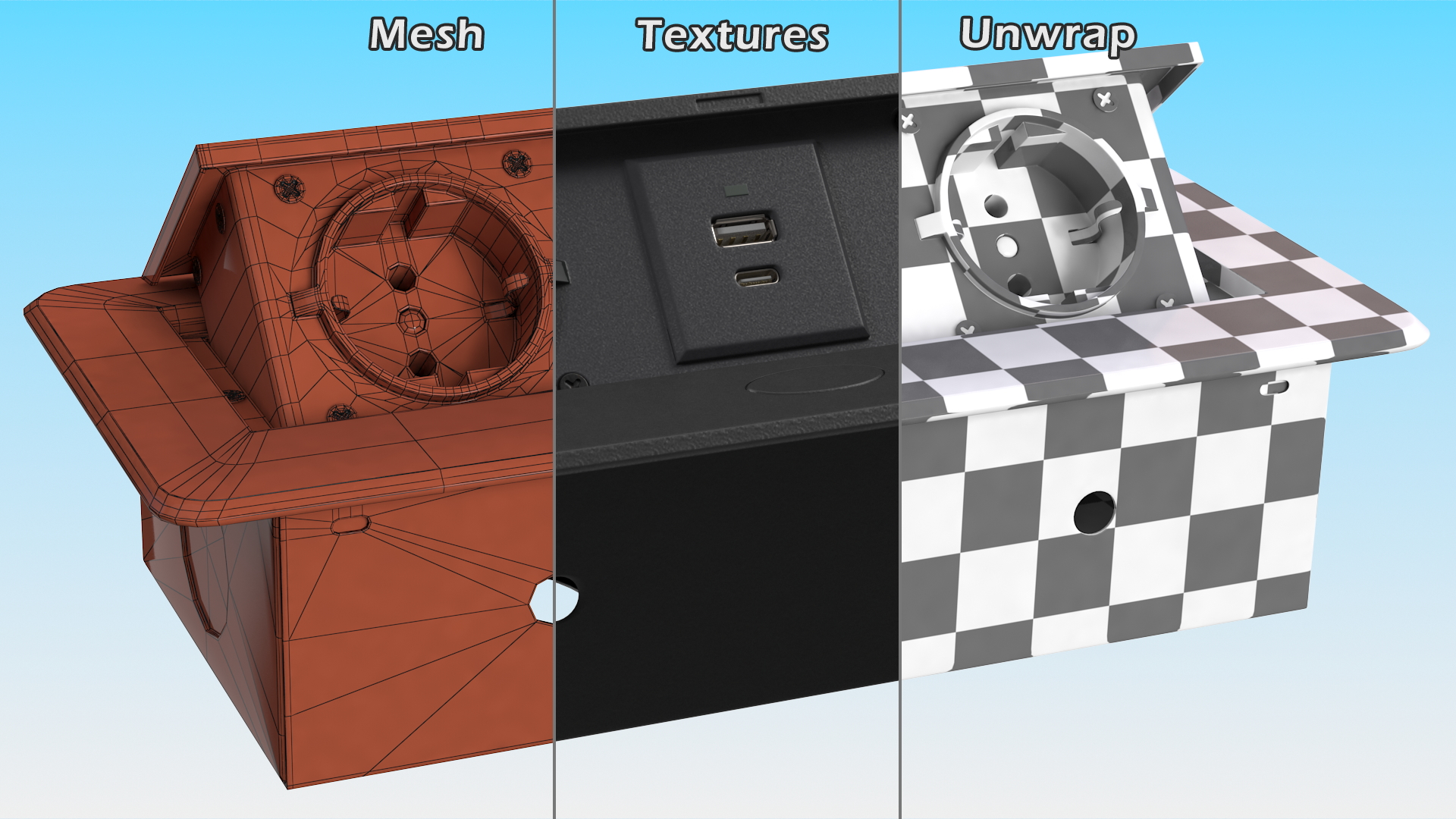 3D model Desktop Power Strip 2 EU Plugs USB Black