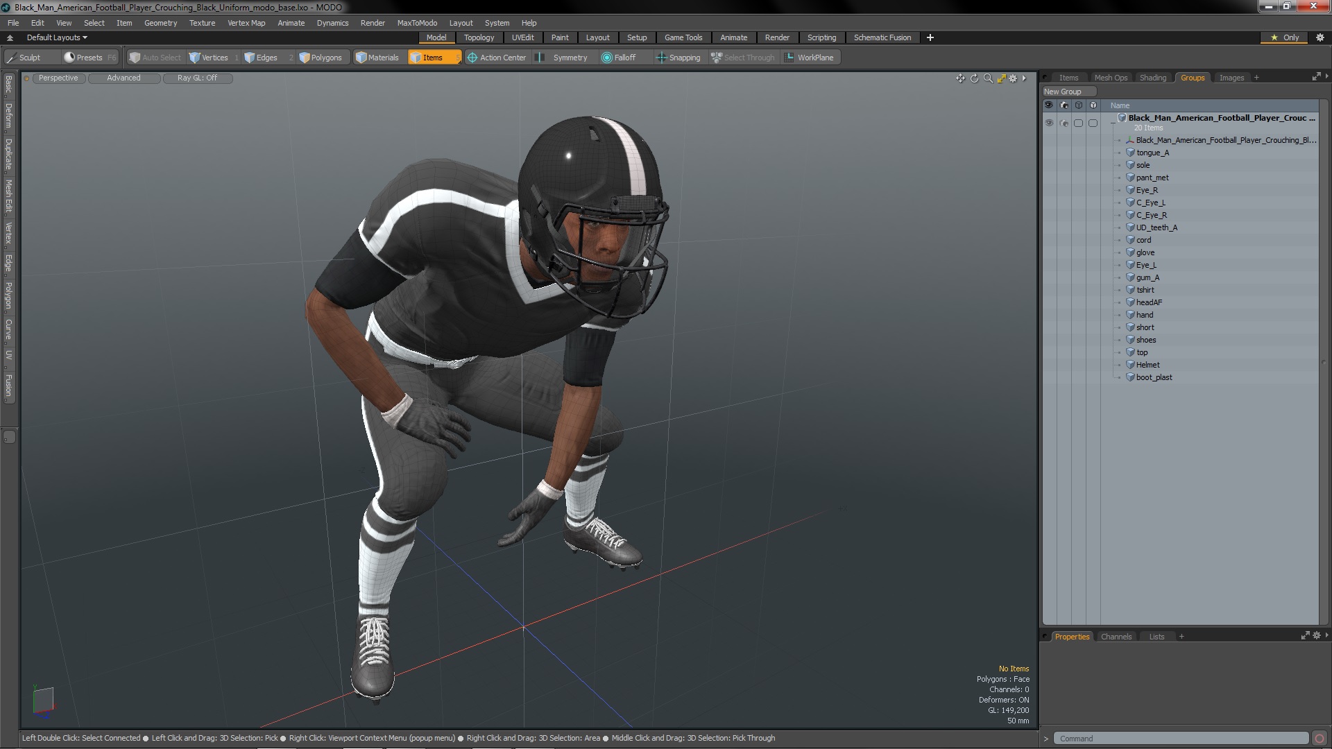 3D Black Man American Football Player Crouching Black Uniform model