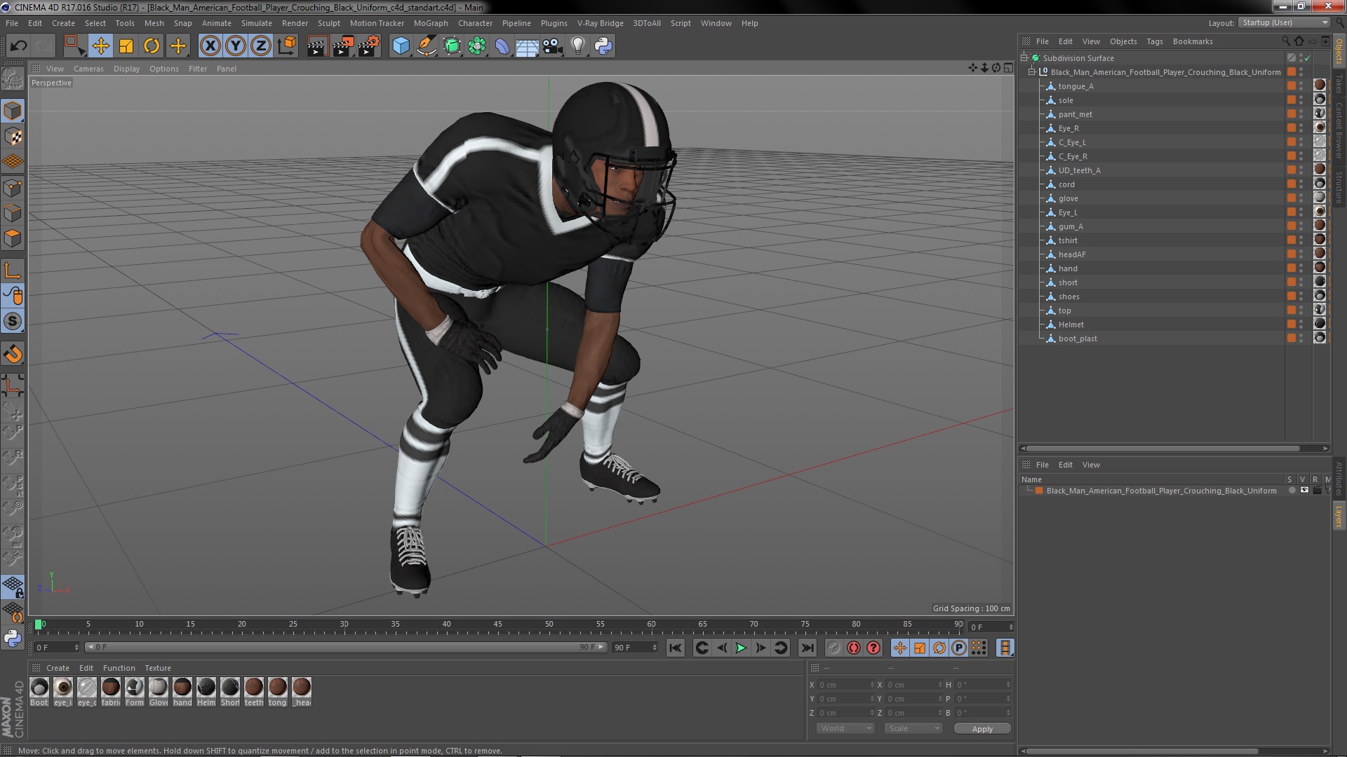 3D Black Man American Football Player Crouching Black Uniform model