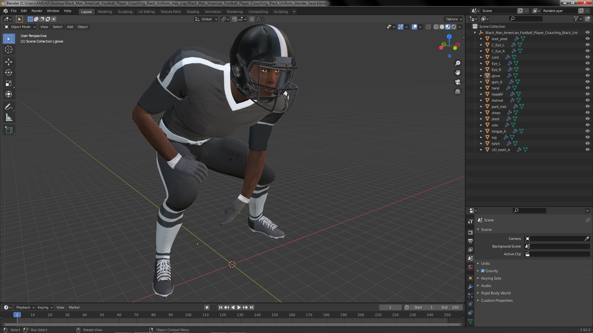 3D Black Man American Football Player Crouching Black Uniform model