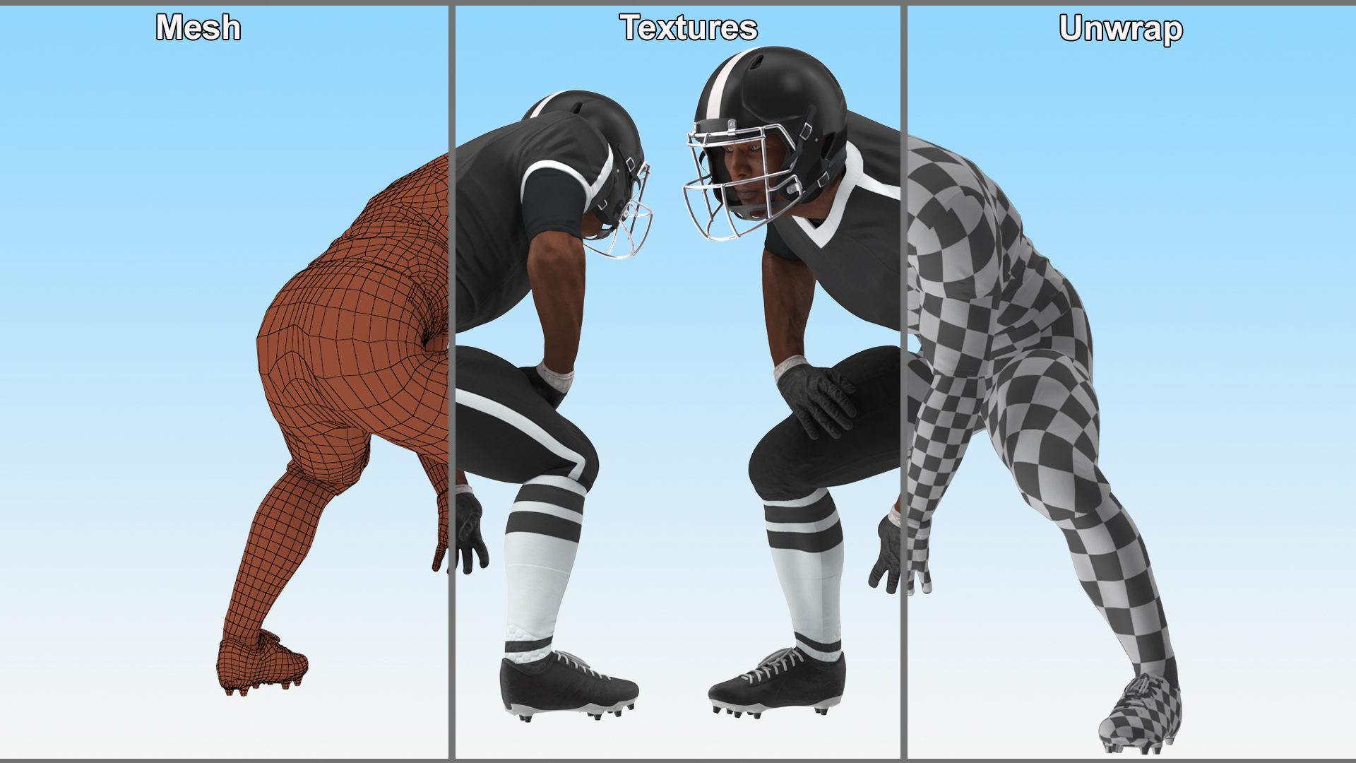 3D Black Man American Football Player Crouching Black Uniform model