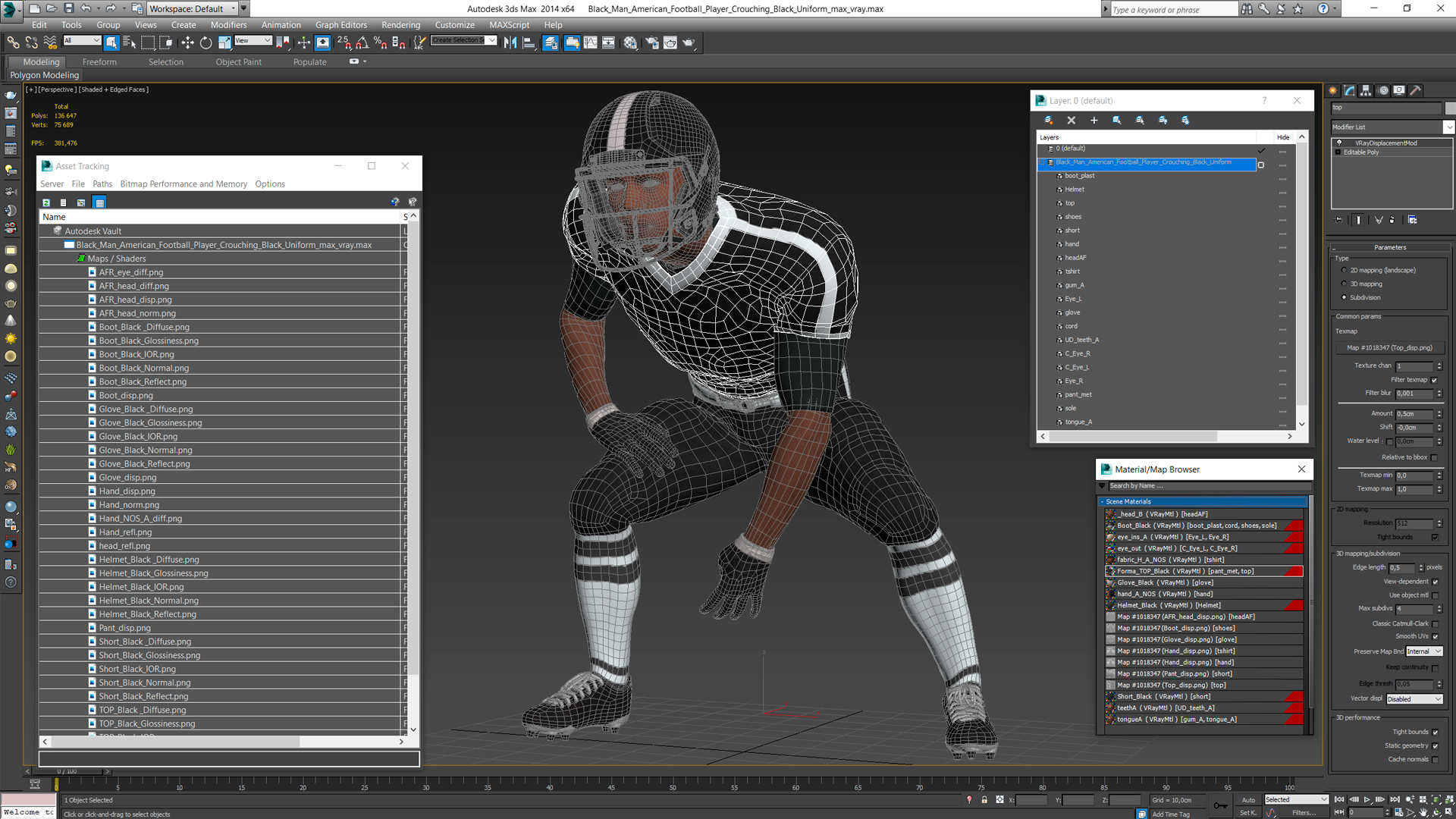 3D Black Man American Football Player Crouching Black Uniform model